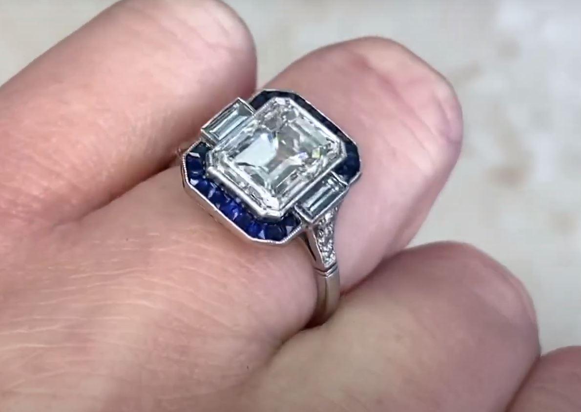 3.05ct Emerald Cut Diamond Engagement Ring, VS1 Clarity, Platinum, Sapphire Halo For Sale 2