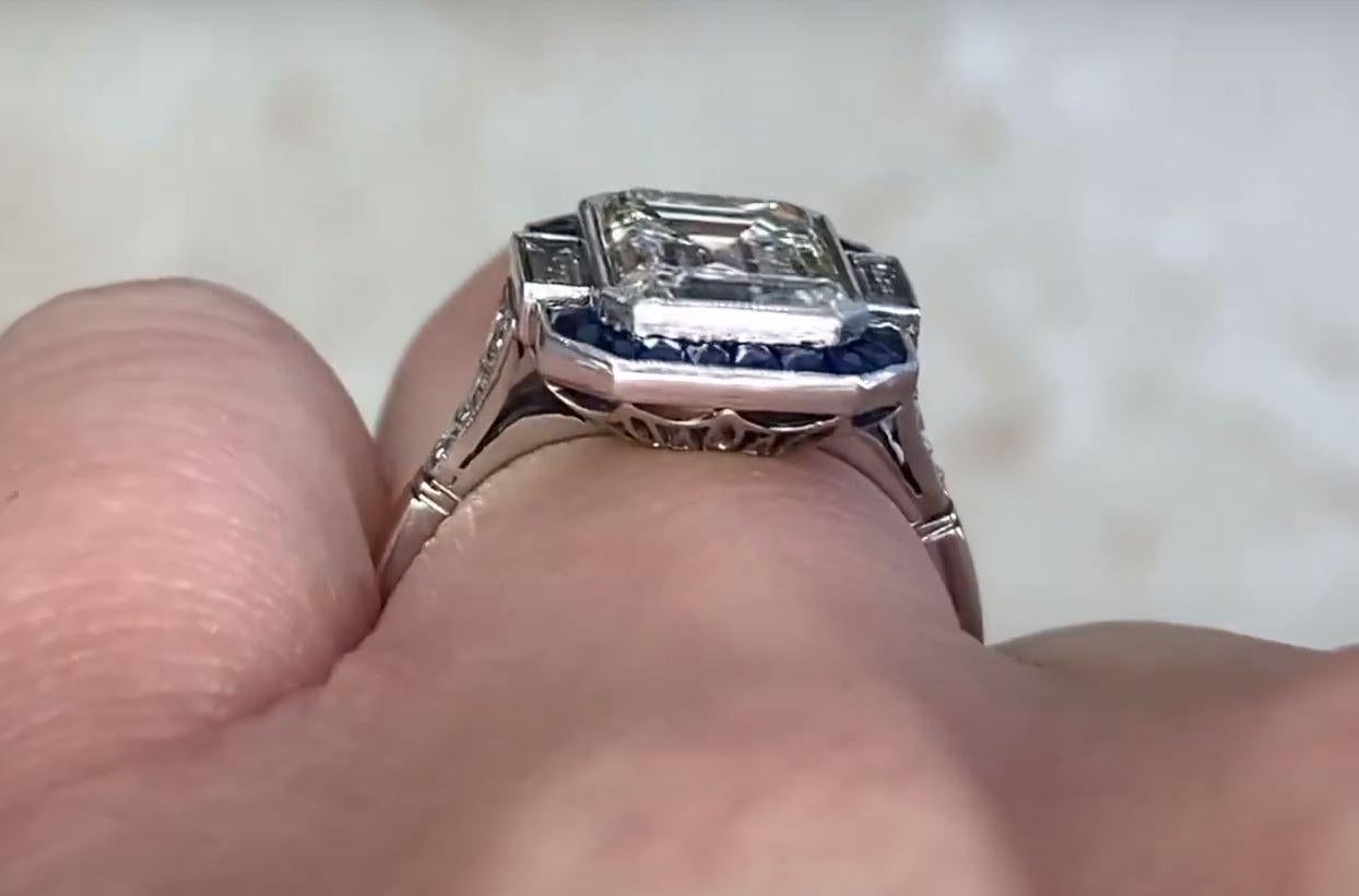 3.05ct Emerald Cut Diamond Engagement Ring, VS1 Clarity, Platinum, Sapphire Halo For Sale 3