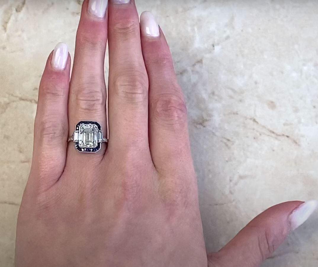 3.05ct Emerald Cut Diamond Engagement Ring, VS1 Clarity, Platinum, Sapphire Halo For Sale 4