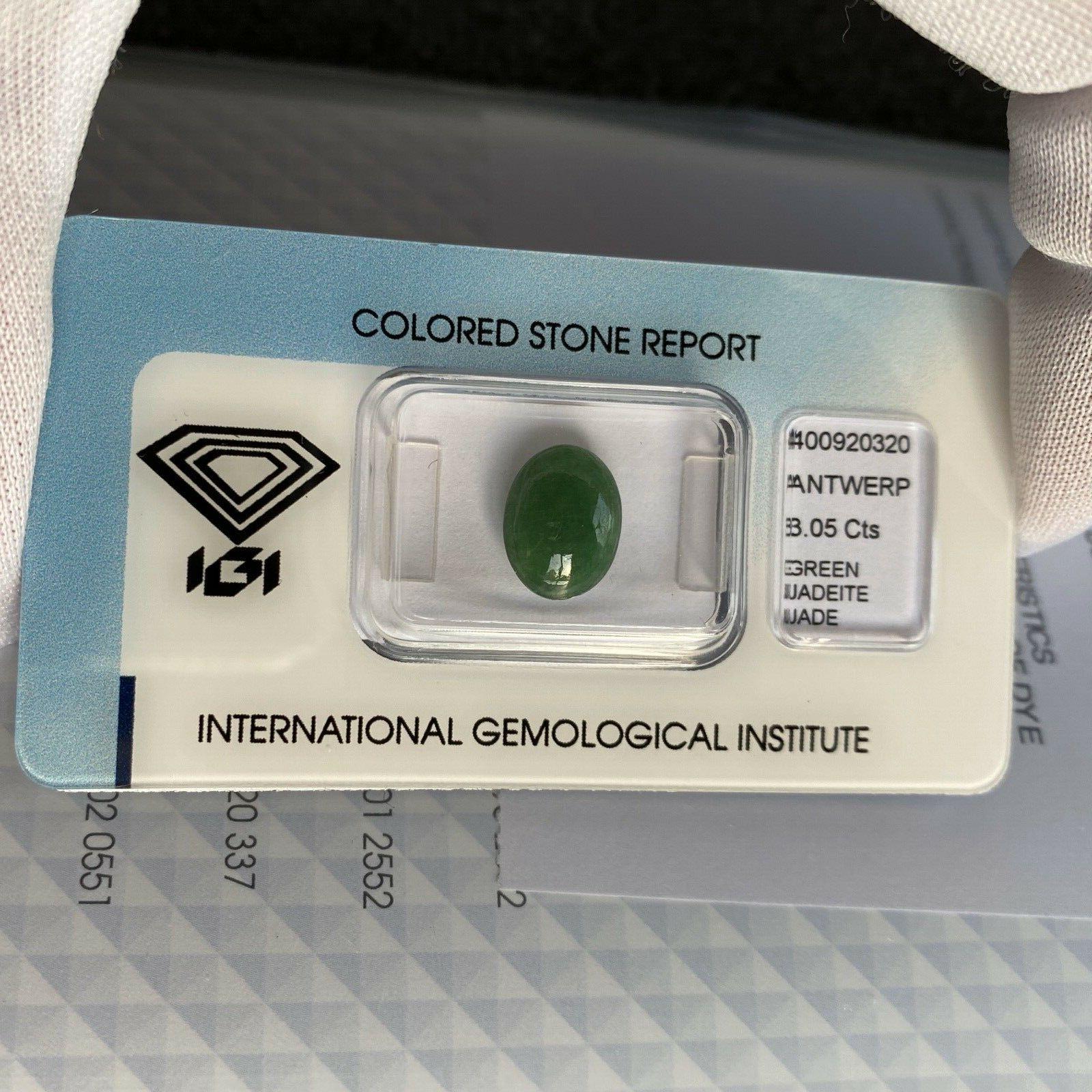 Natural Jadeite stone with stunning deep green colour.
3.05 carat with an excellent oval cabochon cut.

Fully certified by IGI in Antwerp, one of their best and most well equipped gem labs.

Totally Untreated Jadeite jade, referred to as ‘A’ grade