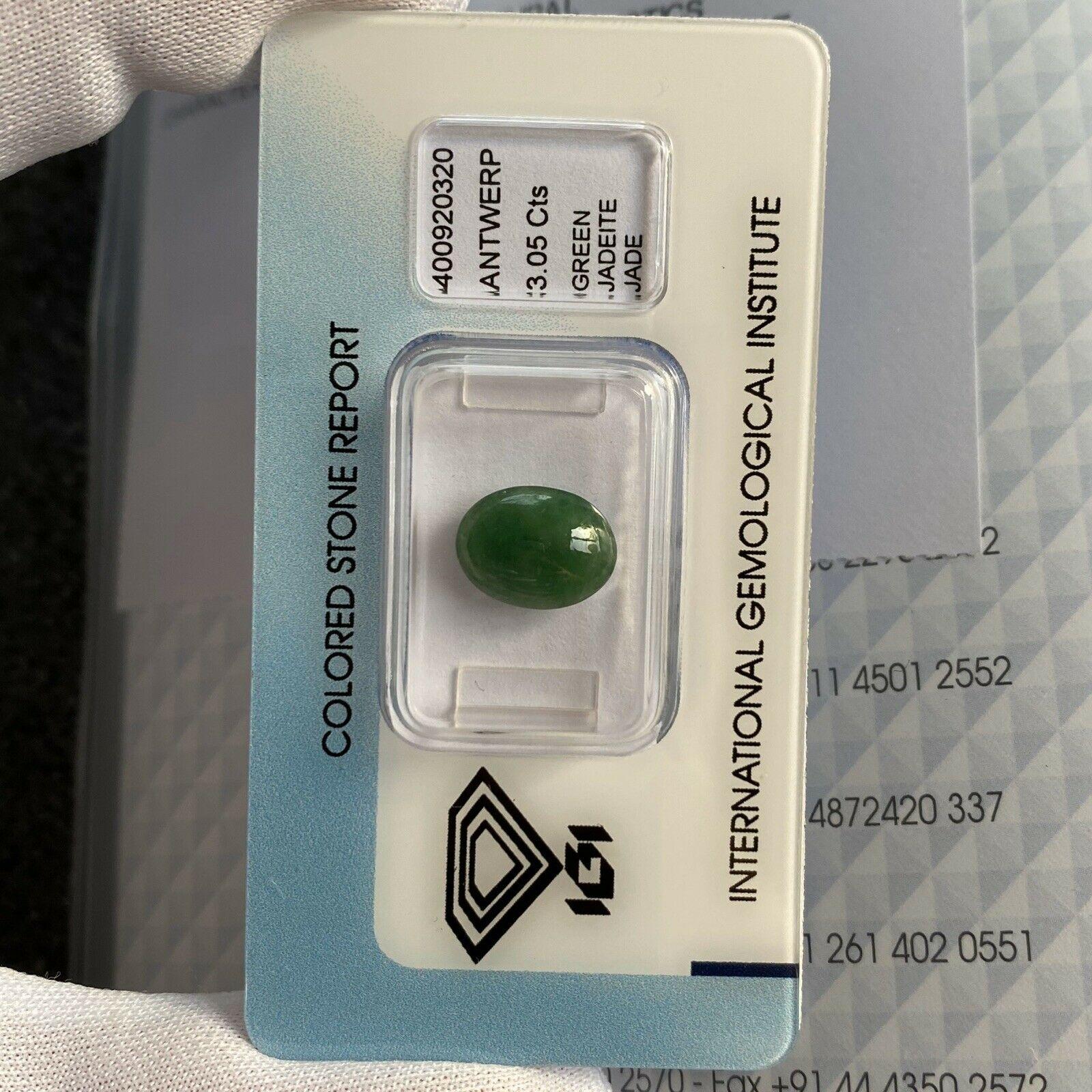 3.05 Carat IGI Certified Jadeite Jade ‘A’ Grade Deep Green Oval Cabochon Gem 1