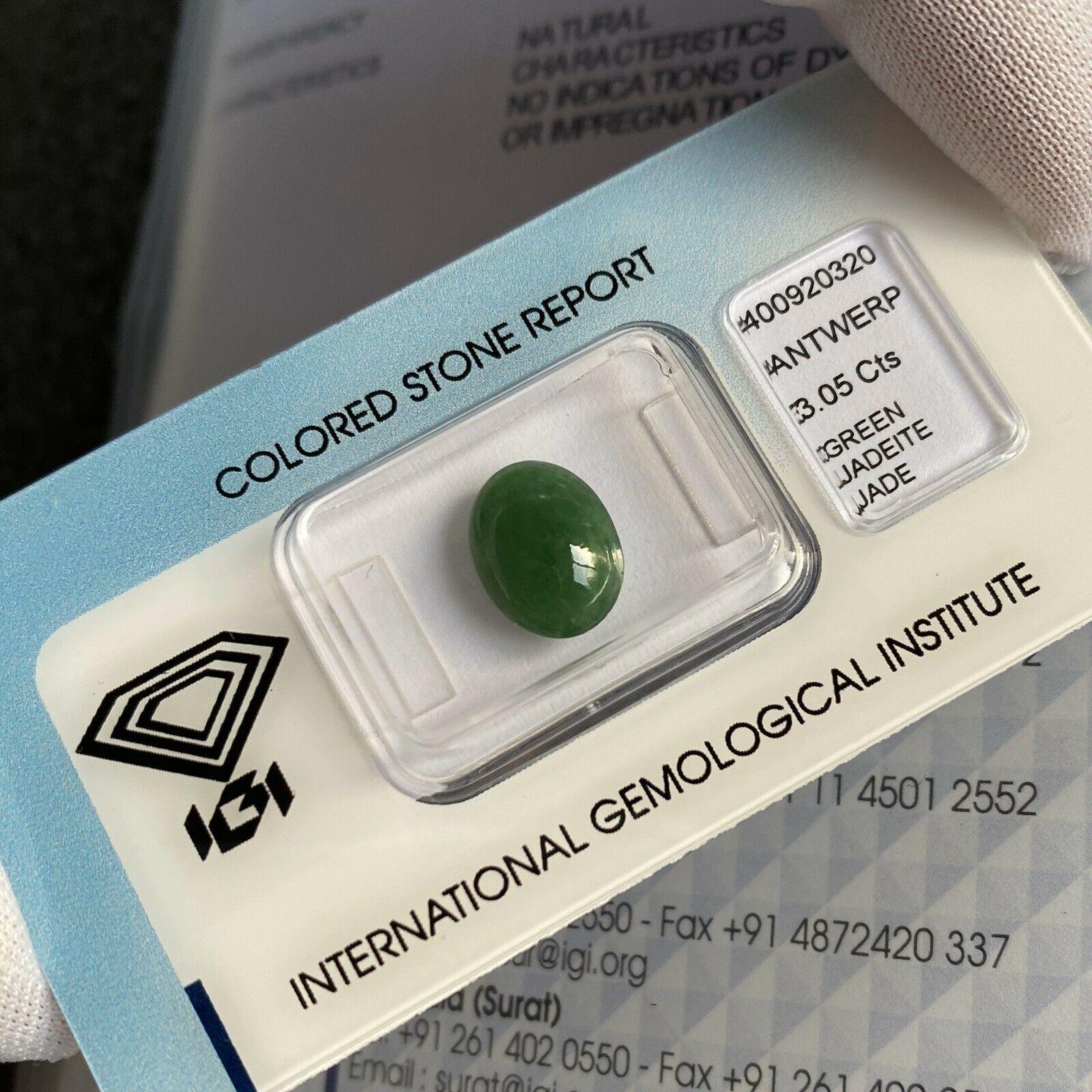3.05 Carat IGI Certified Jadeite Jade ‘A’ Grade Deep Green Oval Cabochon Gem 3