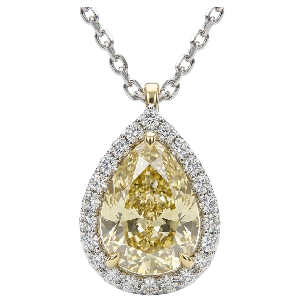 3.05ct Pear Yellow Diamond Halo Pendant in 18K Gold with 14K White Chain