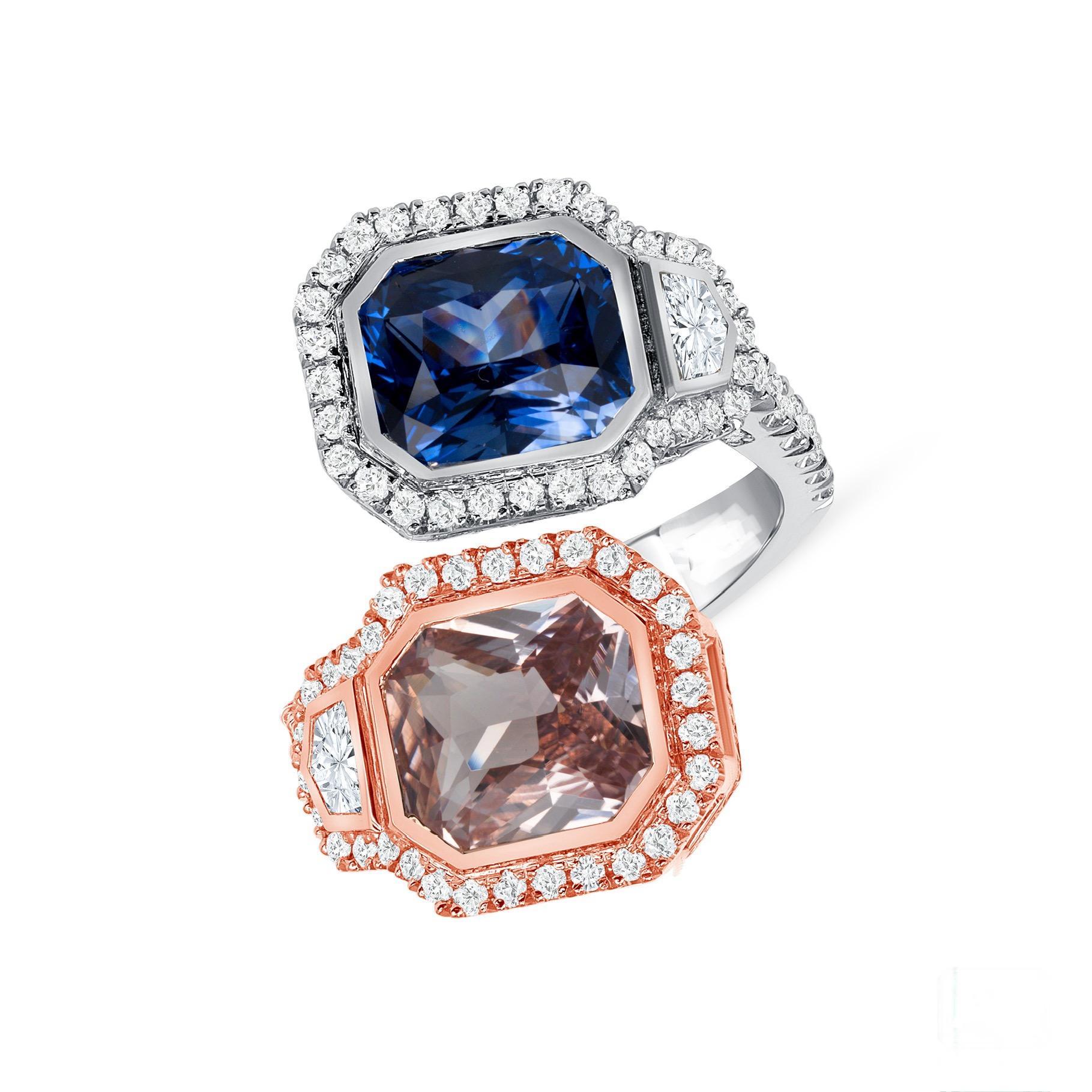 This bypass sapphire ring is balanced in such a way as to be very comfortable on the hand, and versatile enough to be an engagement or anniversary piece. Featuring stunning Ceylon sapphires of exceptional color and clarity - a 3.05ct Pink Sapphire