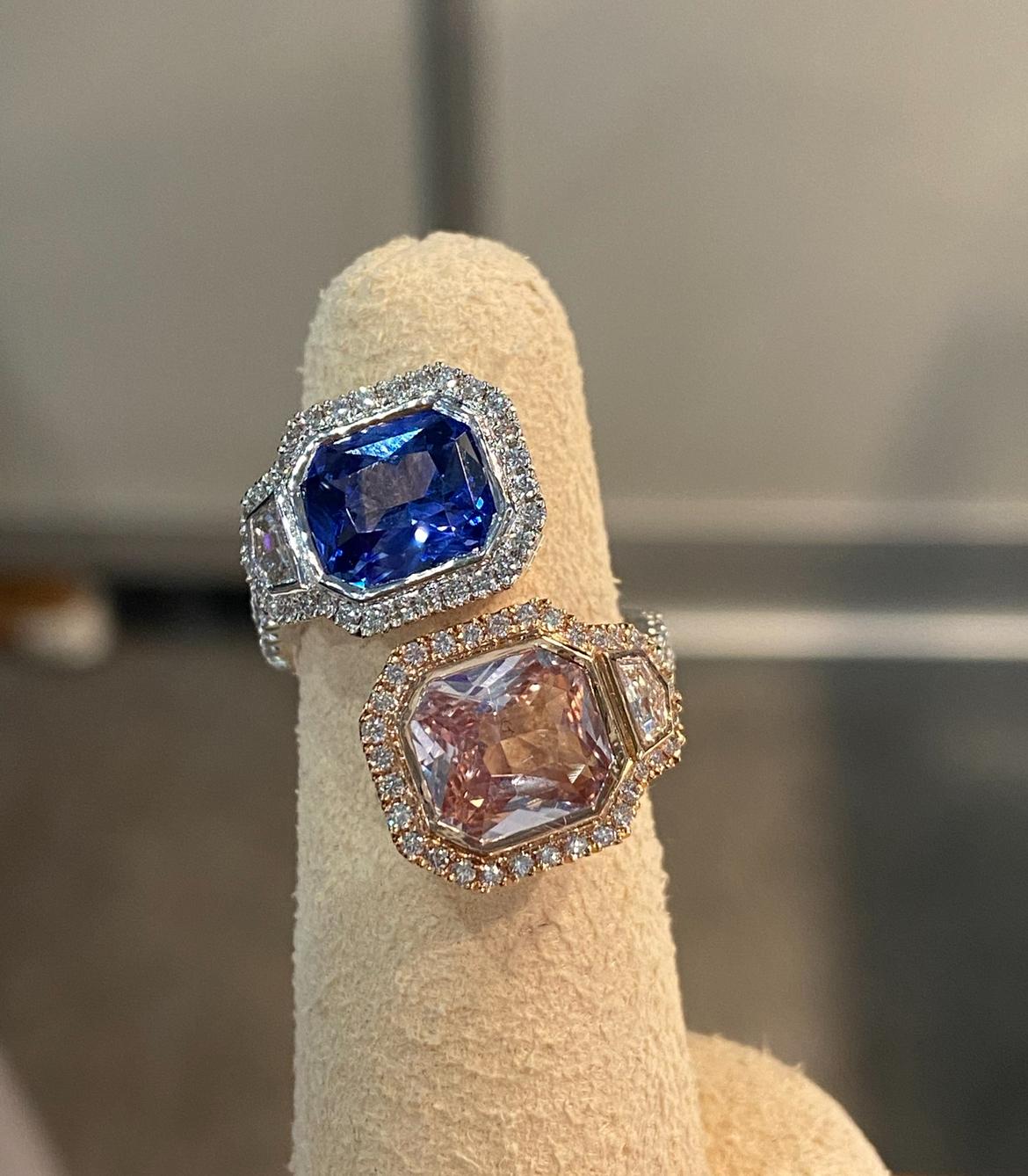 3.05ct Pink Sapphire and 3.38ct Blue Sapphire, radiant-cut  bypass ring. In New Condition For Sale In Los Angeles, CA