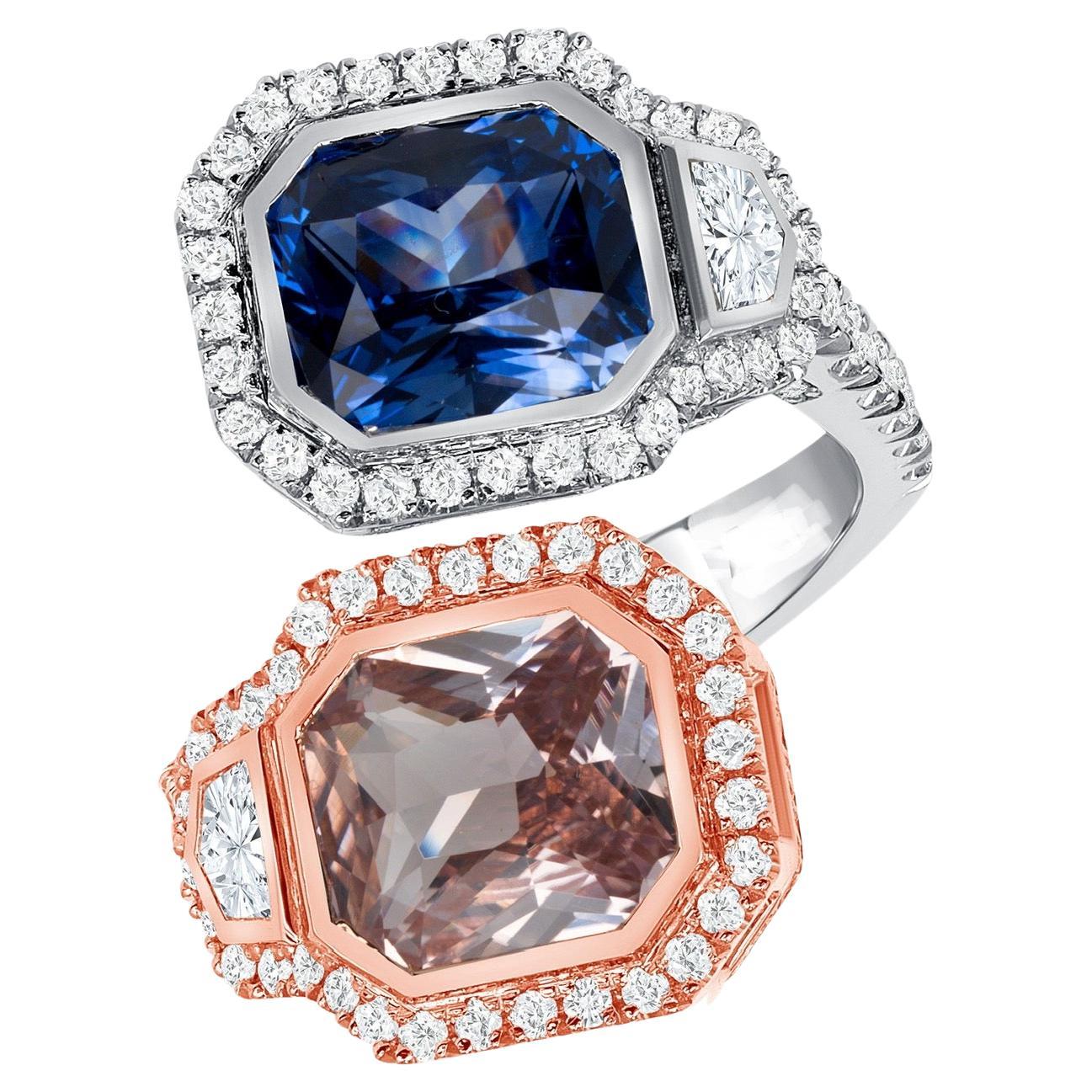 3.05ct Pink Sapphire and 3.38ct Blue Sapphire, radiant-cut  bypass ring. For Sale