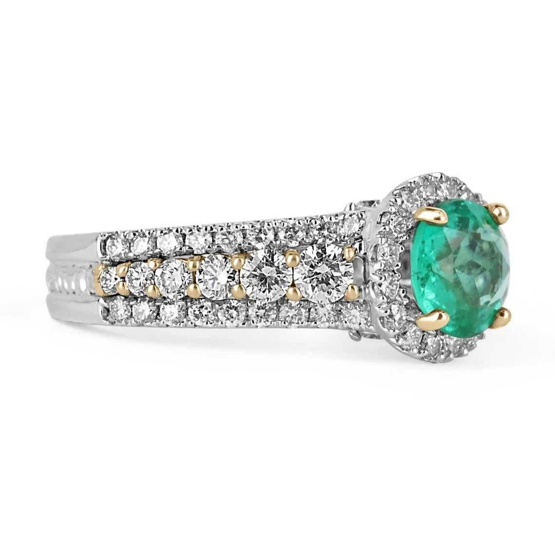 Color and brilliance can best describe this rare round Colombian emerald and diamond engagement ring 14K. The luminous, round, medium green Colombian emerald has amazing qualities that make it exclusive. The emerald is set in a secure four-prong
