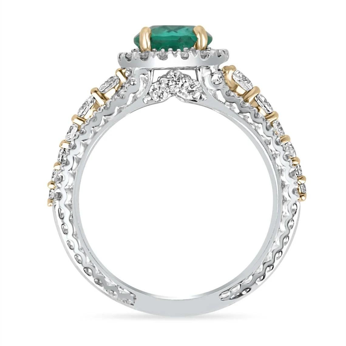 Modern 3.05tcw 14K Colombian Emerald-Round Cut & Diamond Halo Engagement Ring For Sale