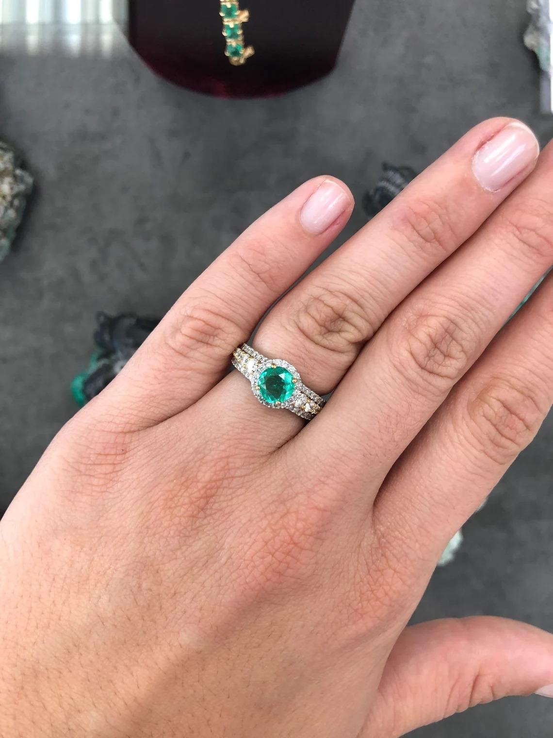 3.05tcw 14K Colombian Emerald-Round Cut & Diamond Halo Engagement Ring For Sale 1