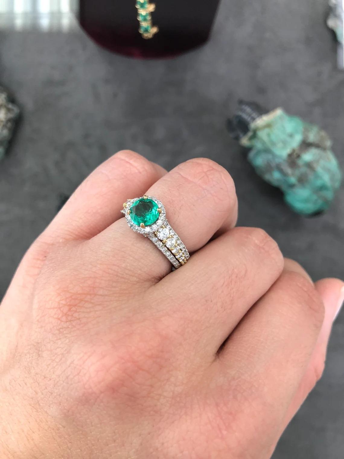 3.05tcw 14K Colombian Emerald-Round Cut & Diamond Halo Engagement Ring For Sale 3