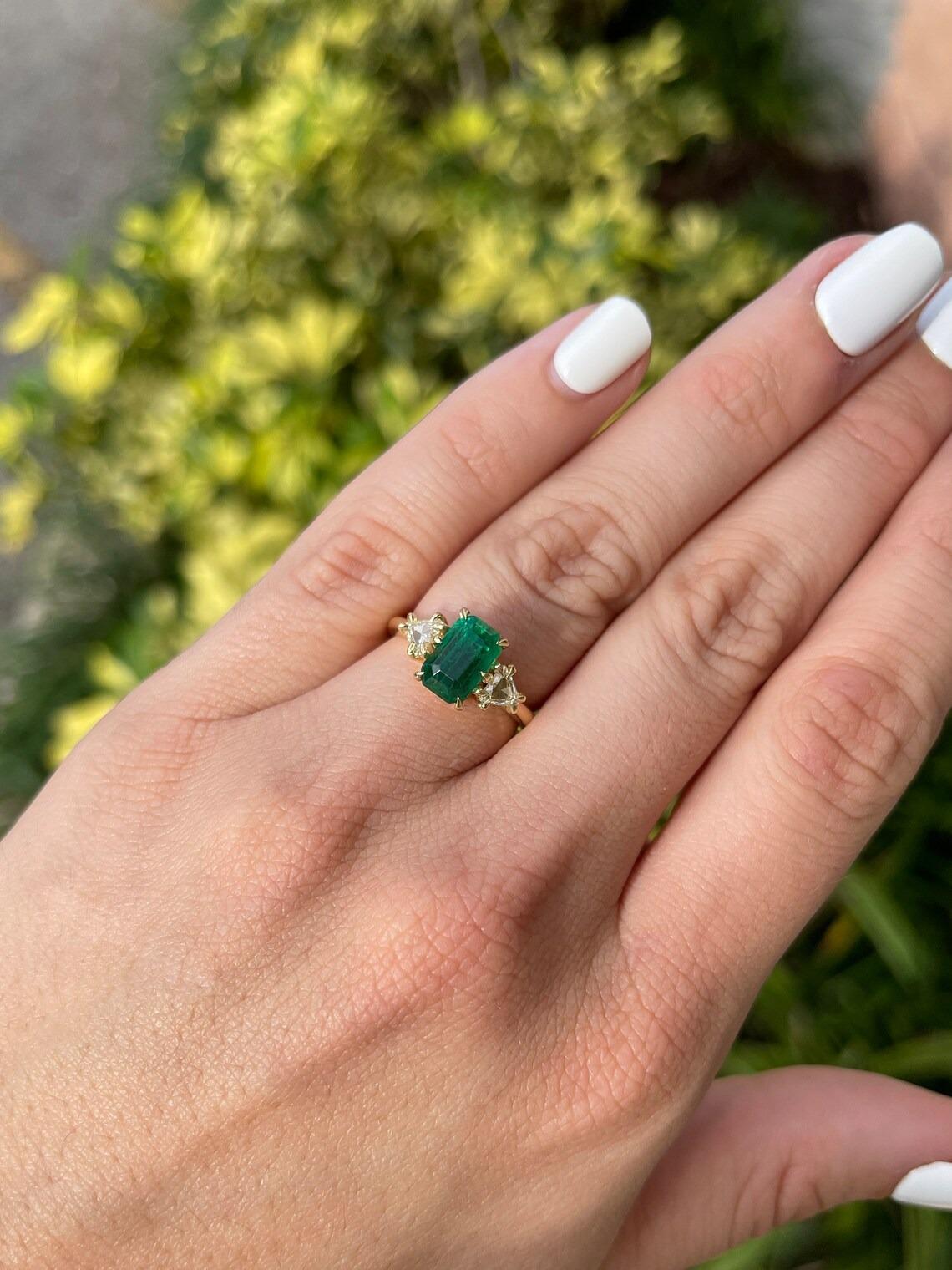 Art Nouveau 3.05tcw 18K Vintage Emerald Cut Emerald & Trillion Diamond 3 Stone Prong Ring For Sale