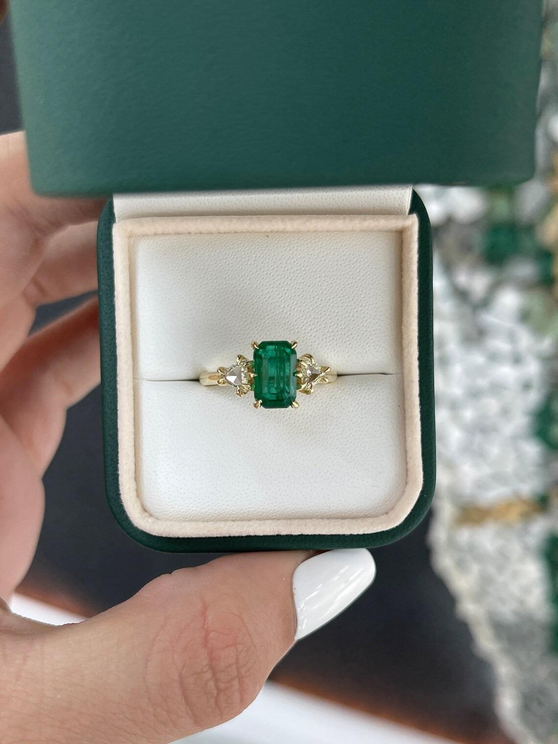 3.05tcw 18K Vintage Emerald Cut Emerald & Trillion Diamond 3 Stone Prong Ring For Sale 1