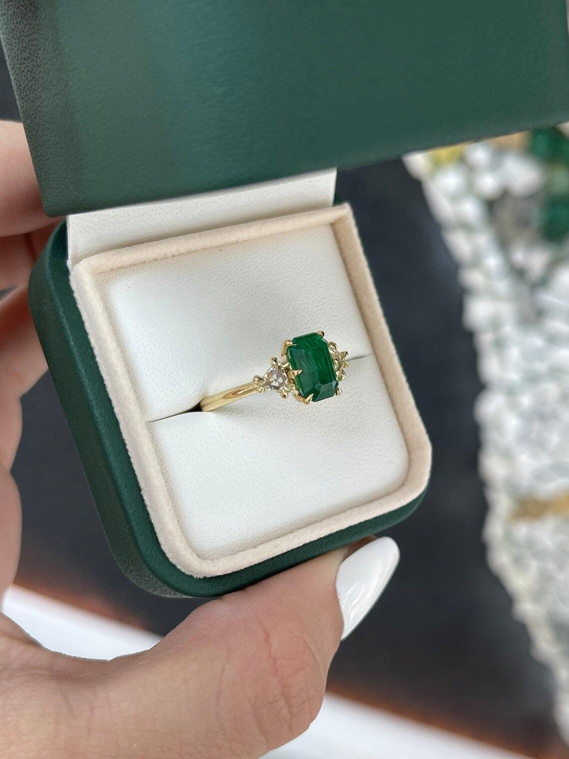 3.05tcw 18K Vintage Emerald Cut Emerald & Trillion Diamond 3 Stone Prong Ring For Sale 2