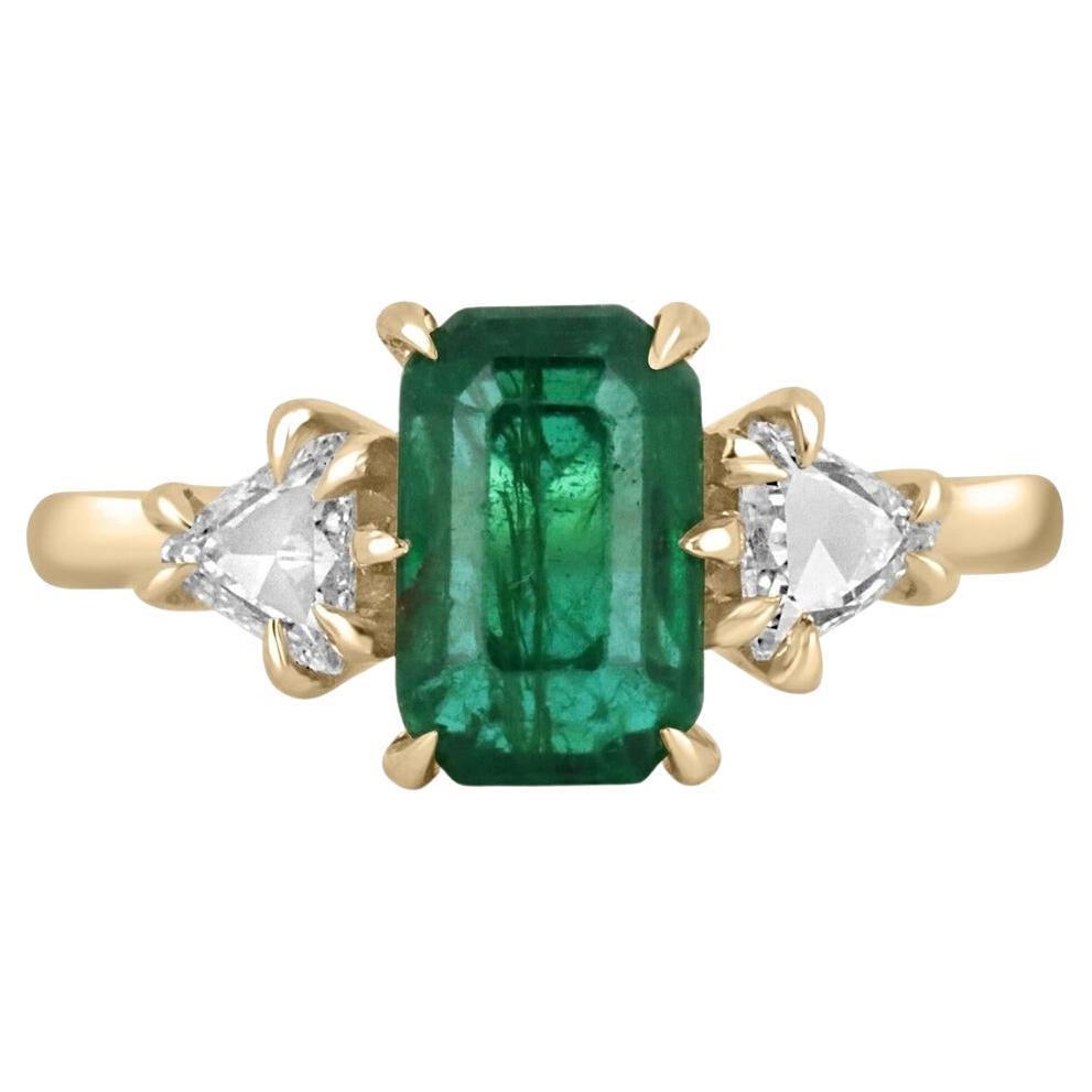 3.05tcw 18K Vintage Emerald Cut Emerald & Trillion Diamond 3 Stone Prong Ring