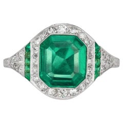 3.06 Carat Asscher Cut Colombian Emerald Art Deco Ring
