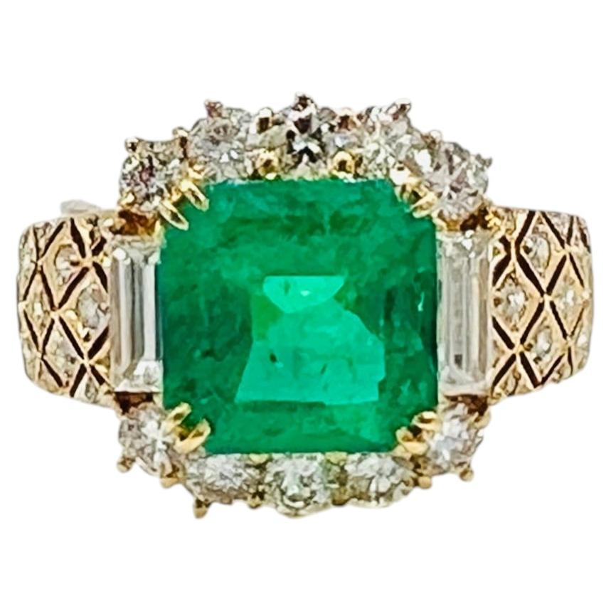 3.06 Carat Emerald and Diamond Ring in 18K Yellow Gold
