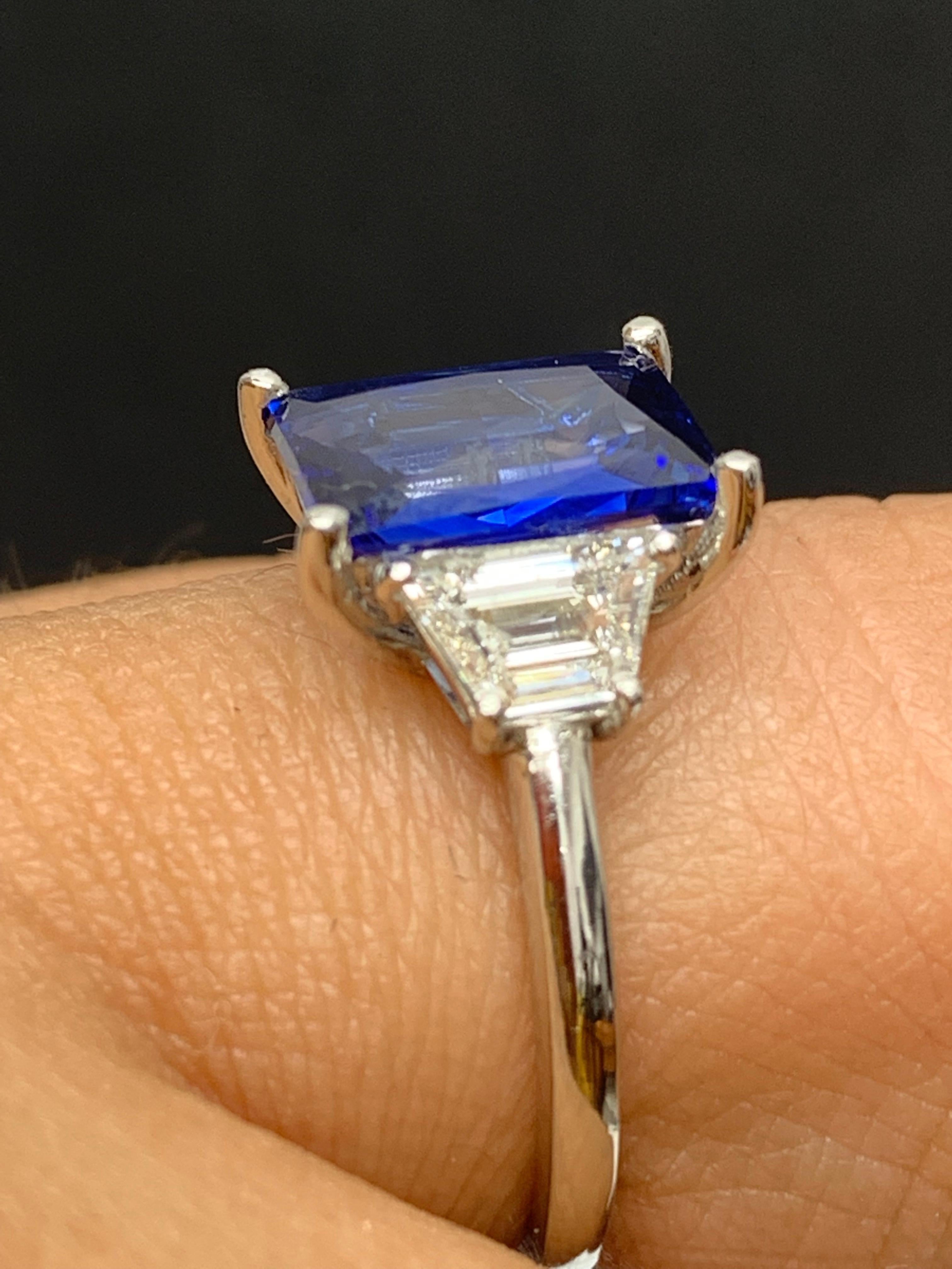 3.06 Carat Emerald Cut Blue Sapphire Diamond 3-Stone Engagement Ring in Platinum 5