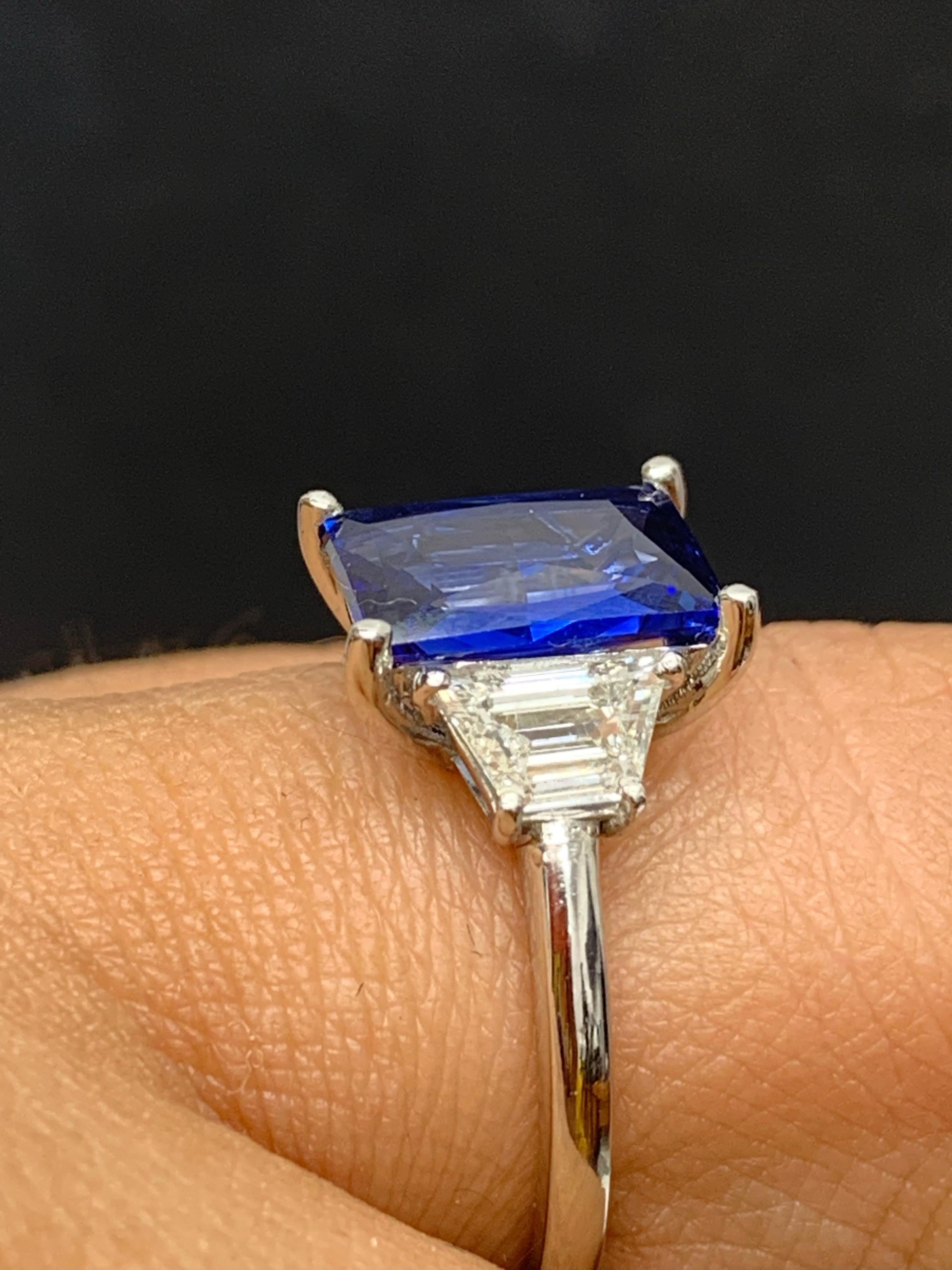 3.06 Carat Emerald Cut Blue Sapphire Diamond 3-Stone Engagement Ring in Platinum 6