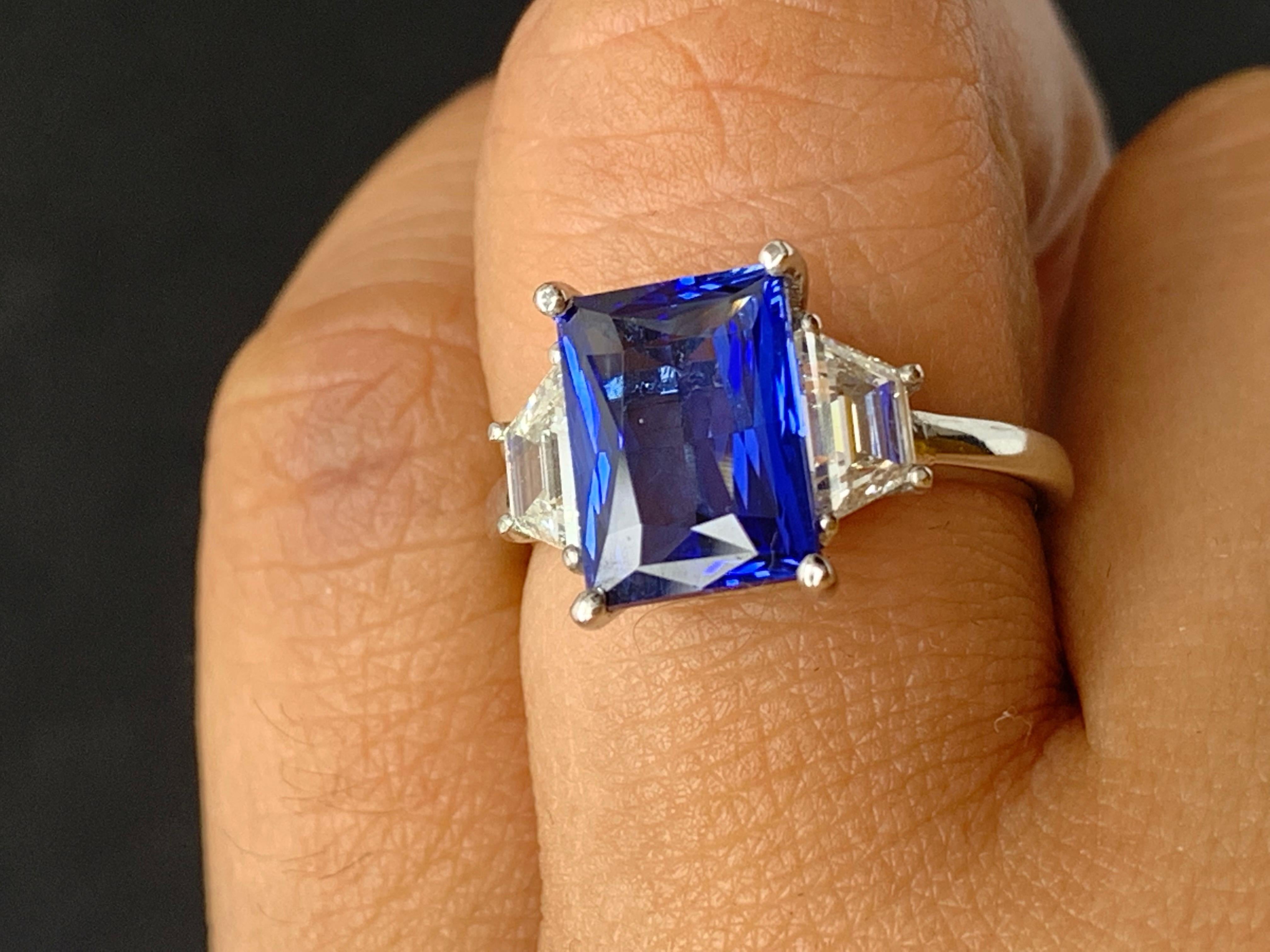 3.06 Carat Emerald Cut Blue Sapphire Diamond 3-Stone Engagement Ring in Platinum 7