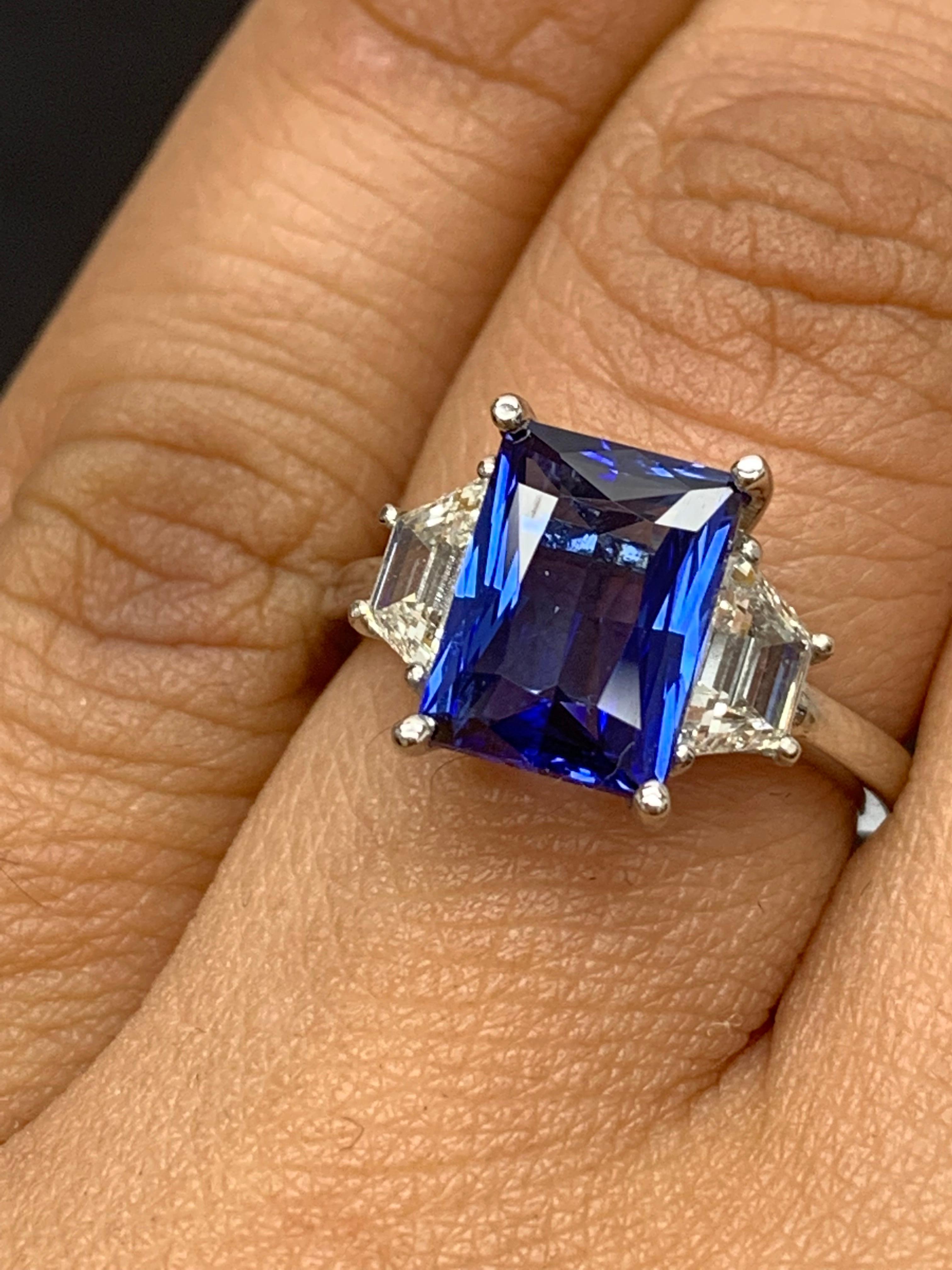 3.06 Carat Emerald Cut Blue Sapphire Diamond 3-Stone Engagement Ring in Platinum 8