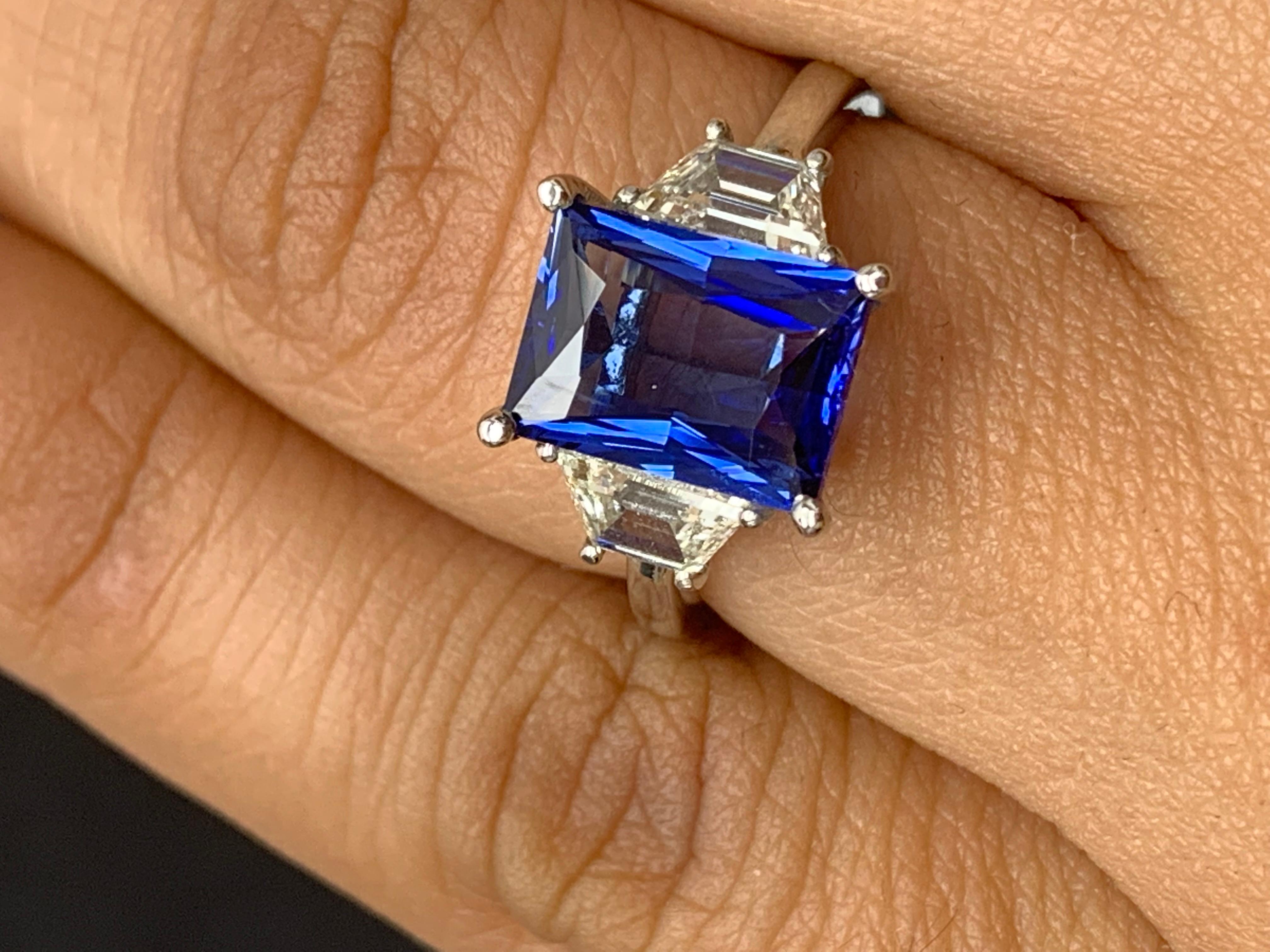 3.06 Carat Emerald Cut Blue Sapphire Diamond 3-Stone Engagement Ring in Platinum 9