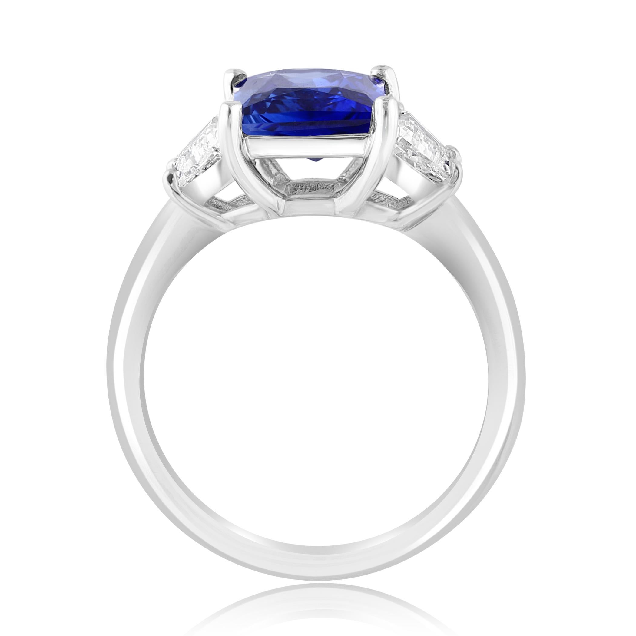 Modern 3.06 Carat Emerald Cut Blue Sapphire Diamond 3-Stone Engagement Ring in Platinum