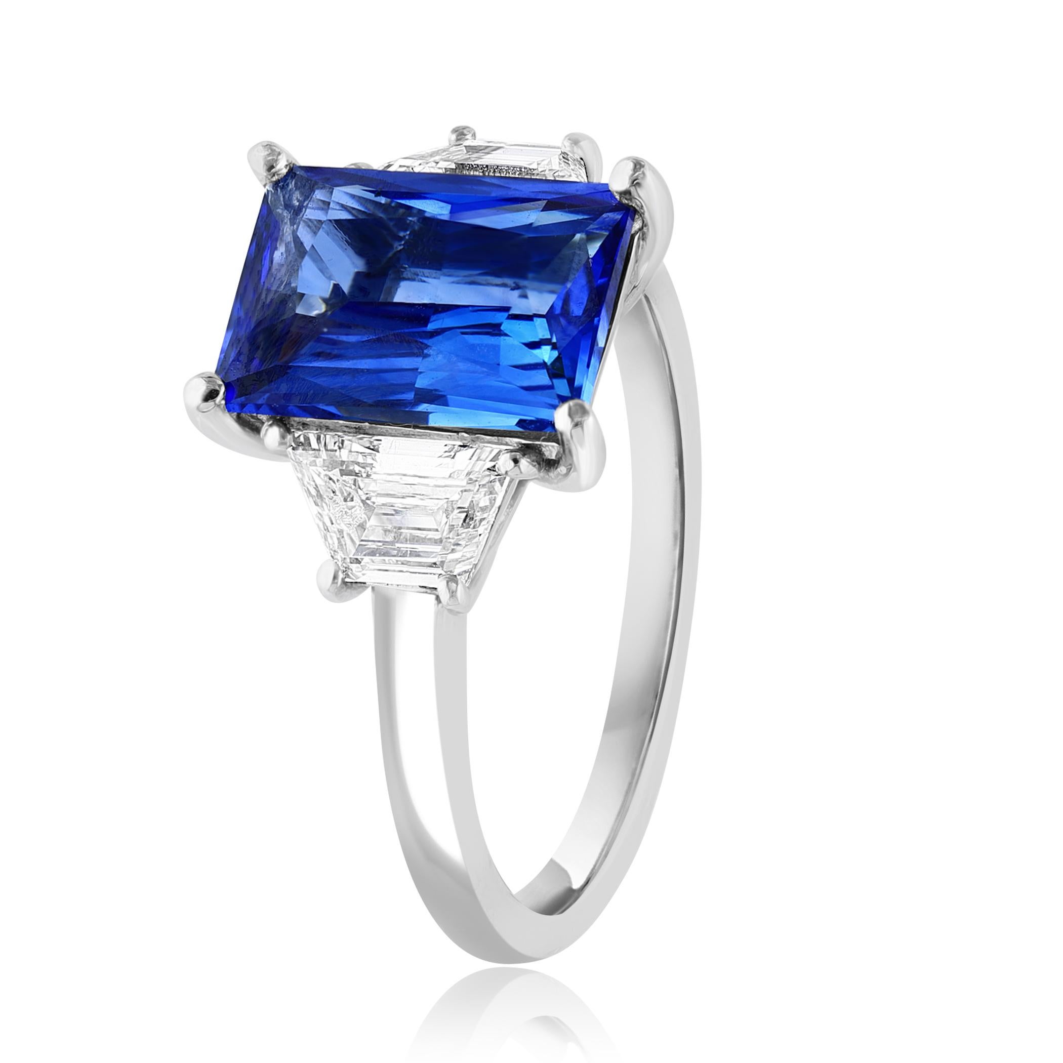 3.06 Carat Emerald Cut Blue Sapphire Diamond 3-Stone Engagement Ring in Platinum In New Condition In NEW YORK, NY