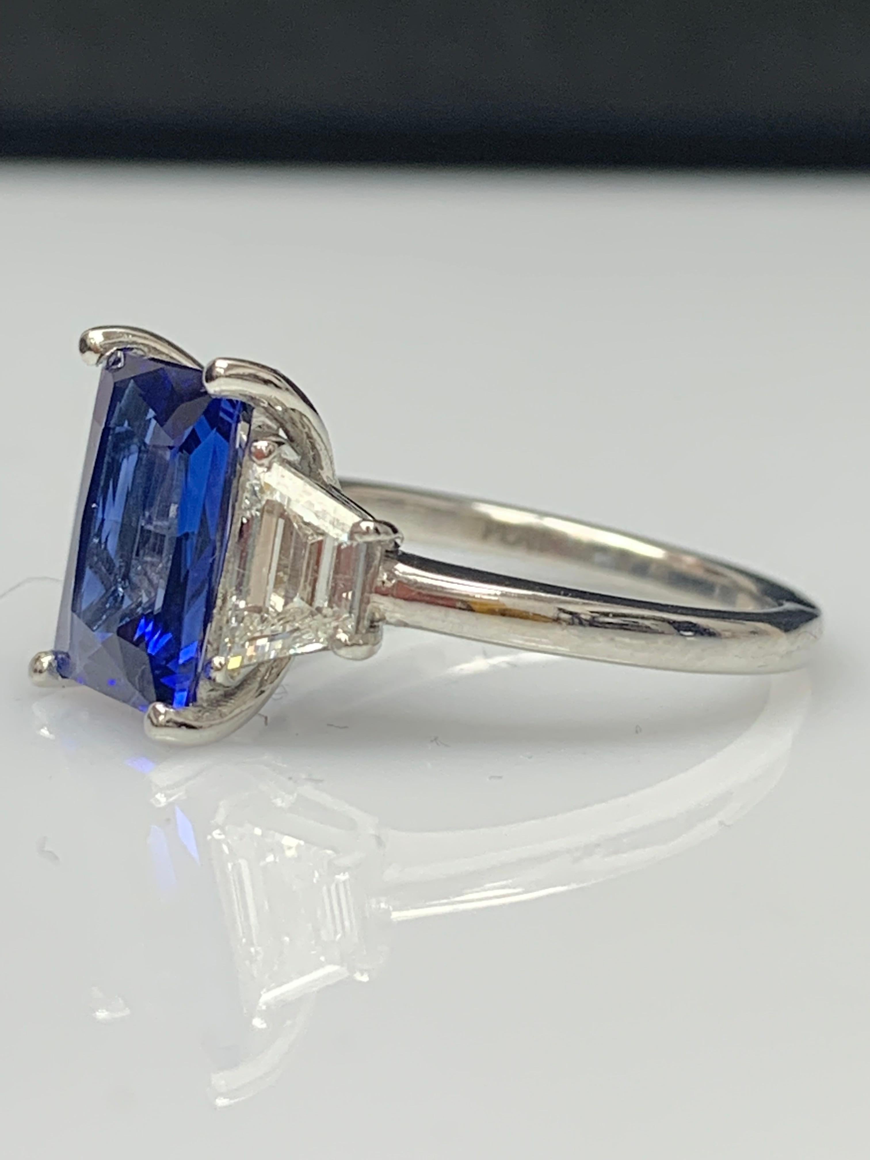 Women's 3.06 Carat Emerald Cut Blue Sapphire Diamond 3-Stone Engagement Ring in Platinum