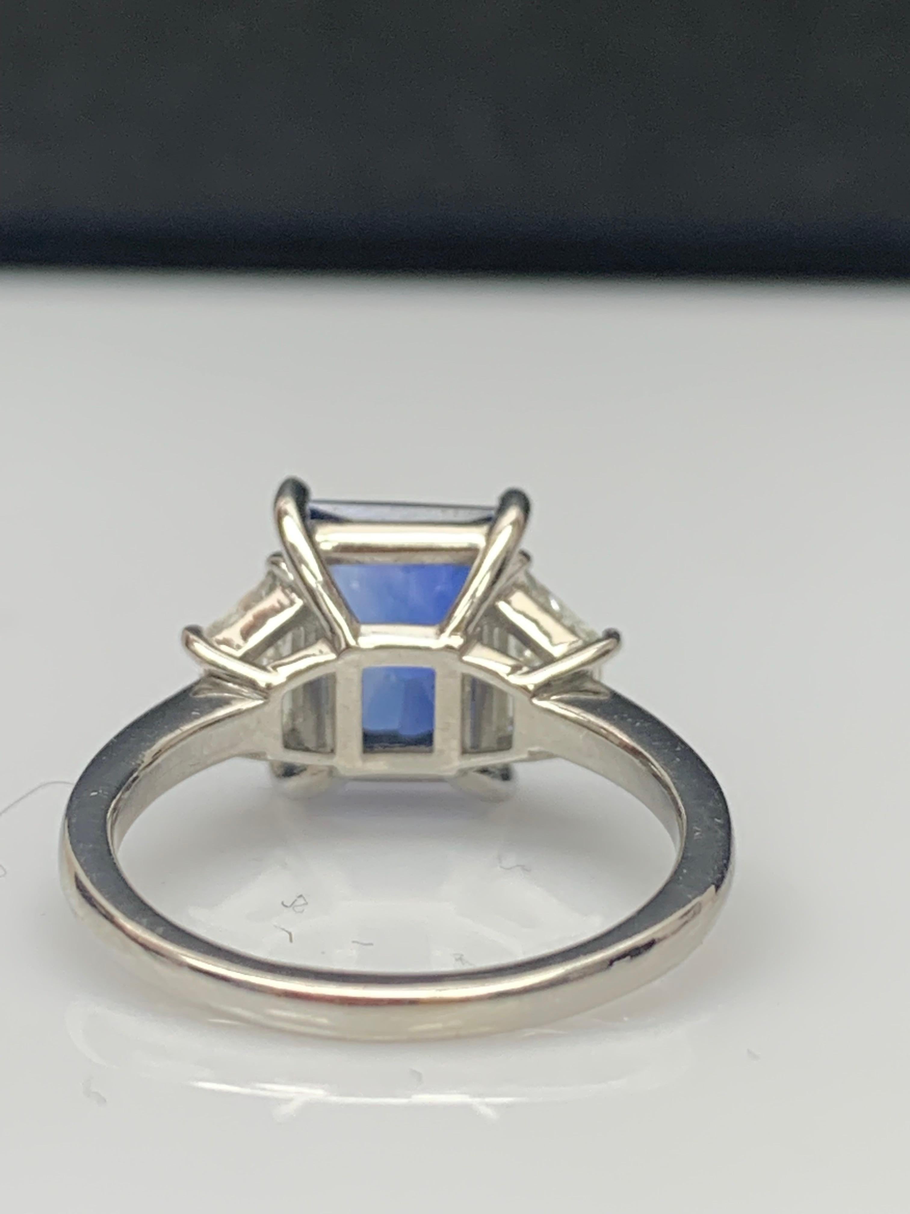 3.06 Carat Emerald Cut Blue Sapphire Diamond 3-Stone Engagement Ring in Platinum 1