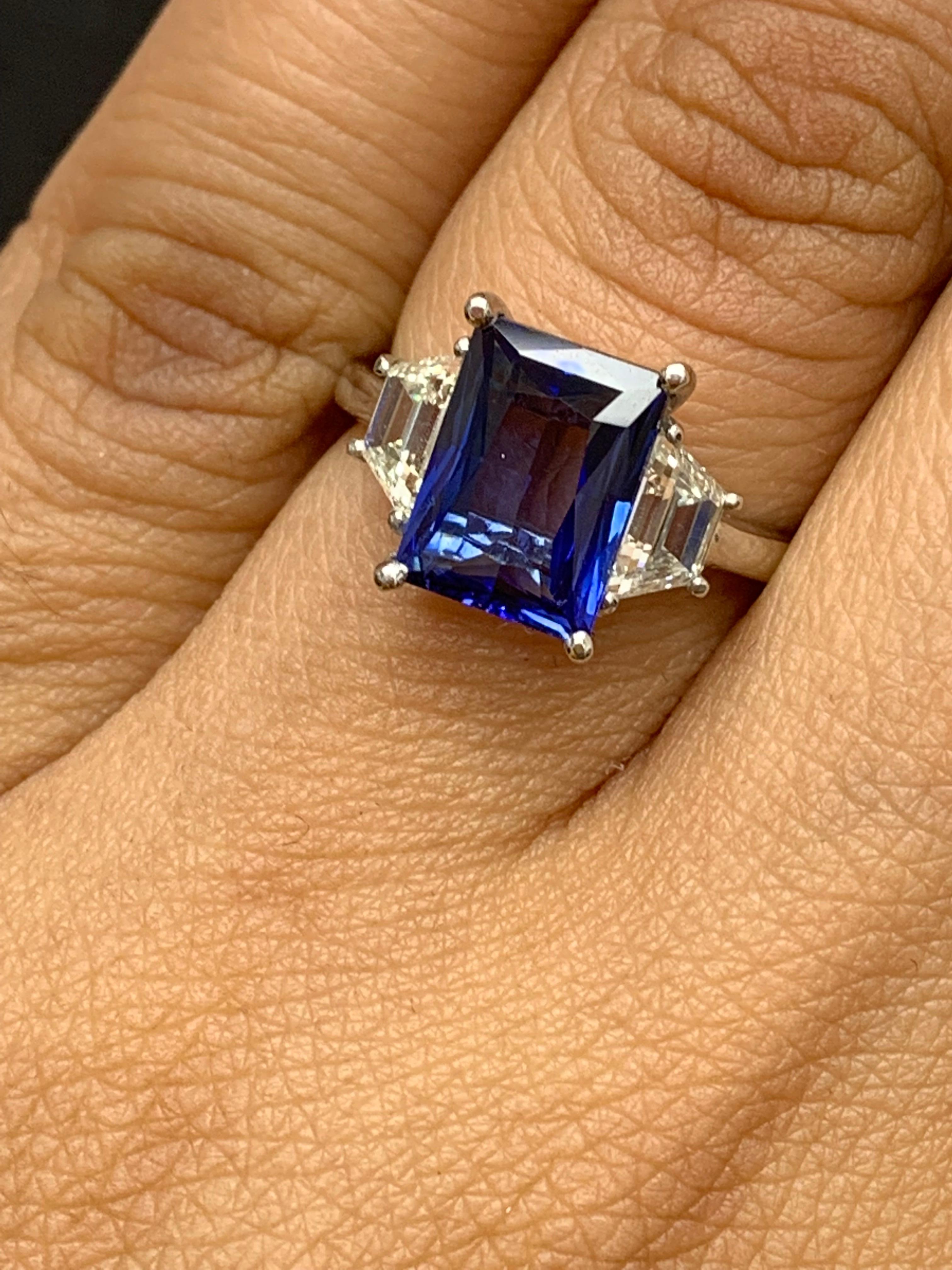 3.06 Carat Emerald Cut Blue Sapphire Diamond 3-Stone Engagement Ring in Platinum 2