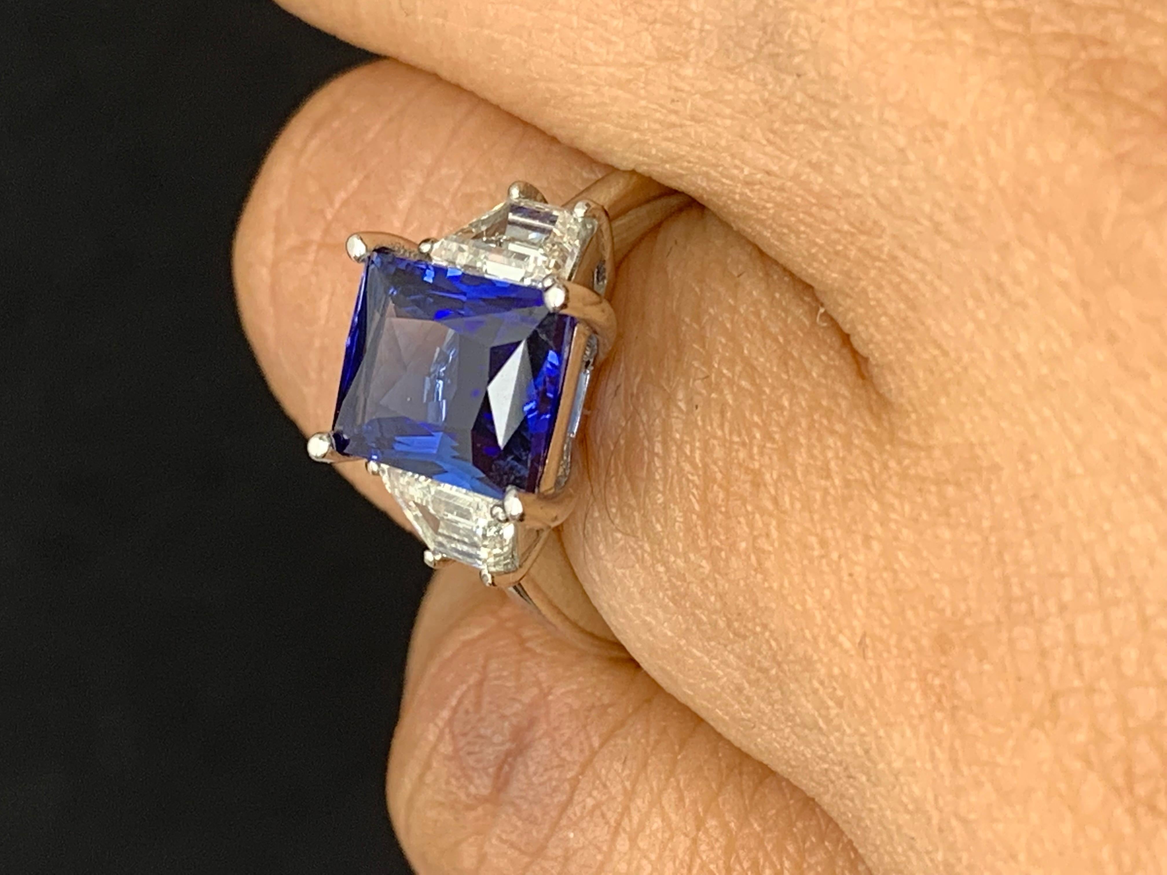 3.06 Carat Emerald Cut Blue Sapphire Diamond 3-Stone Engagement Ring in Platinum 3