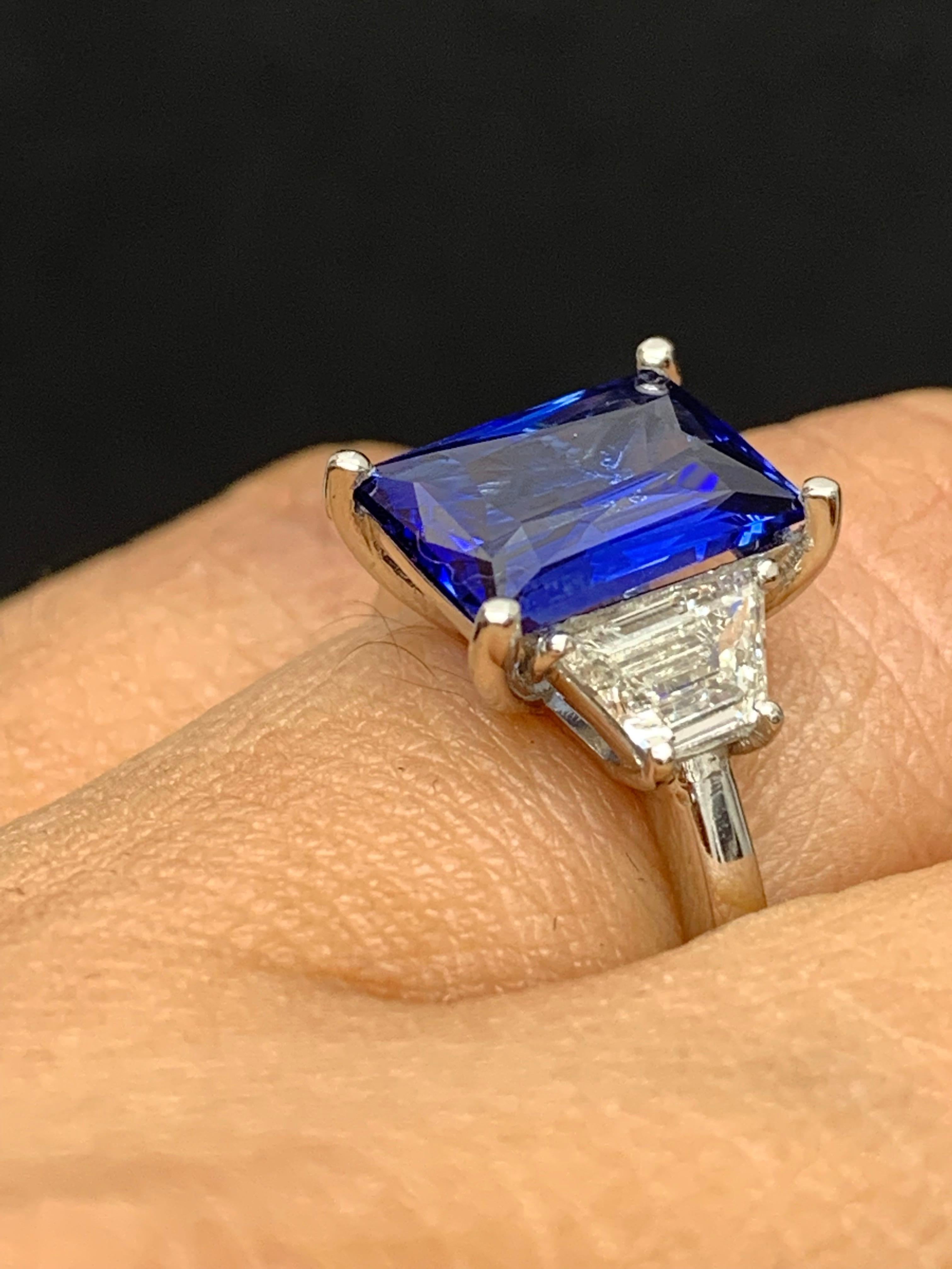 3.06 Carat Emerald Cut Blue Sapphire Diamond 3-Stone Engagement Ring in Platinum 4