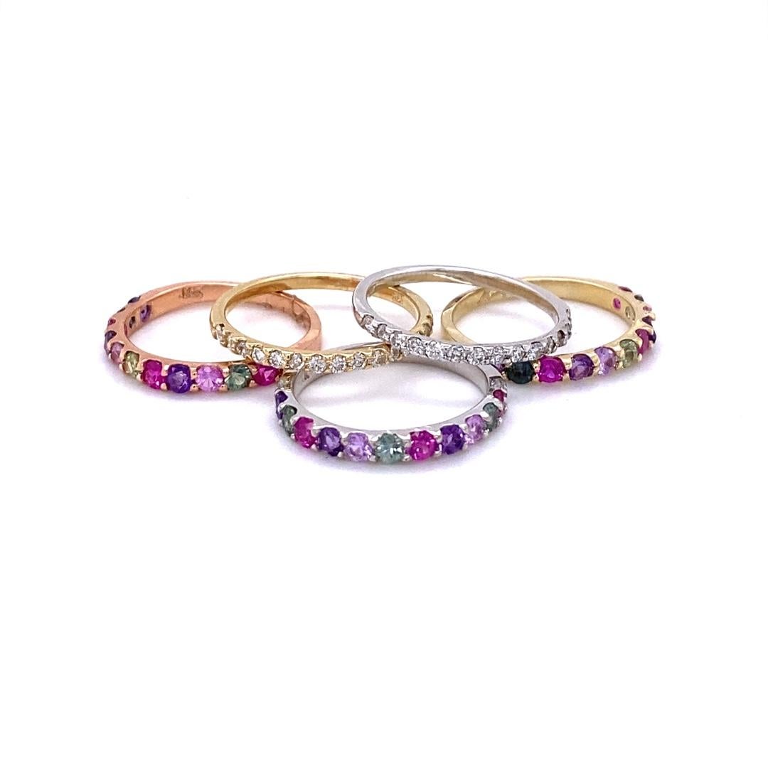 Contemporary 3.06 Carat Multi Color Sapphire and Diamond Stackable Gold Bands For Sale