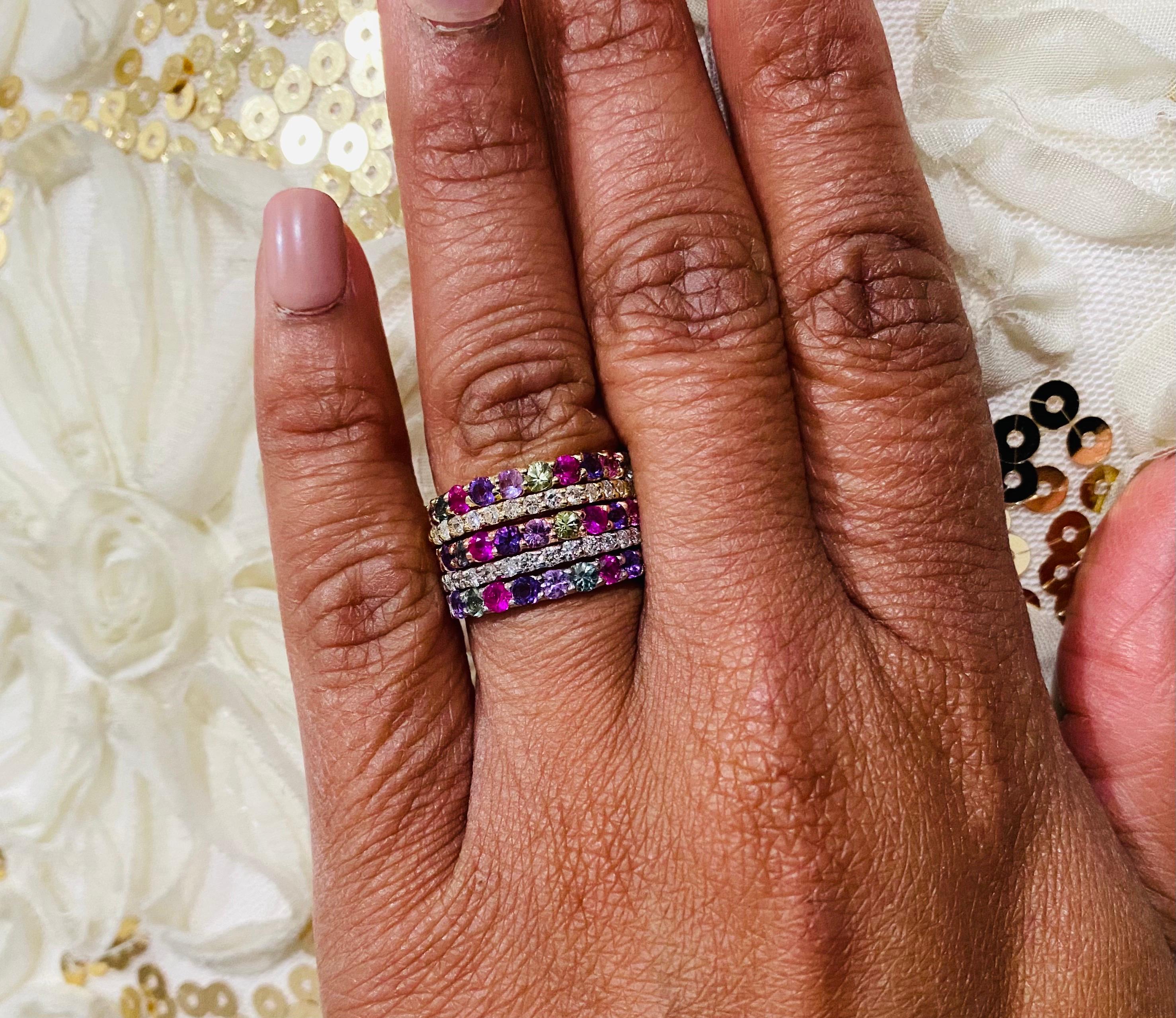 3.06 Carat Multi Color Sapphire and Diamond Stackable Gold Bands In New Condition For Sale In Los Angeles, CA