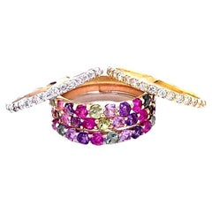 3.06 Carat Multi Color Sapphire and Diamond Stackable Gold Bands