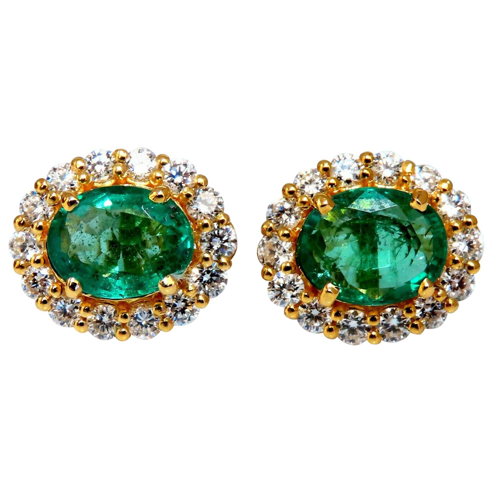 3.06 Carat Natural Oval Emerald Diamonds Cluster Stud Earrings 14 Karat
