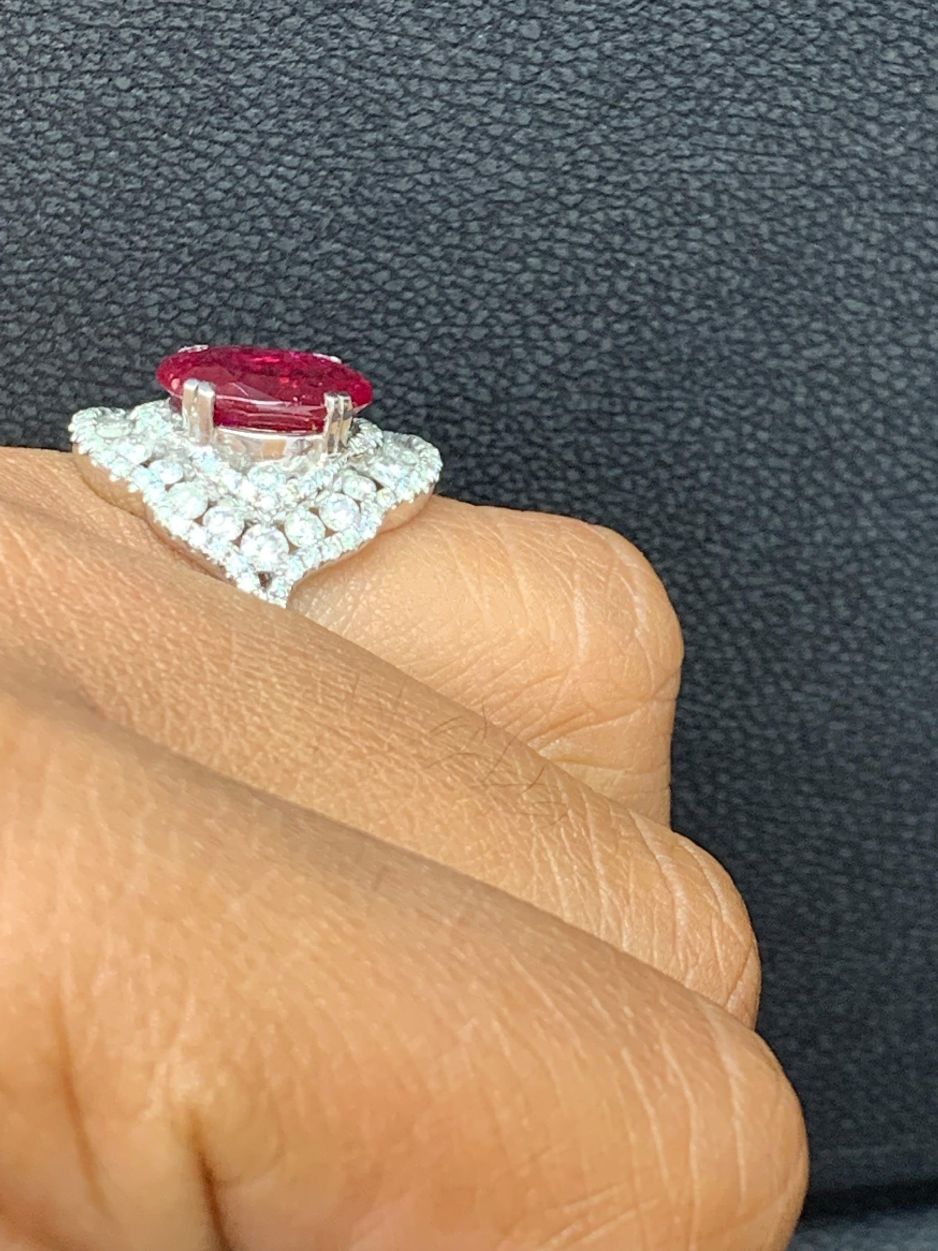 3.06 Carat Oval Ruby and Diamond Cocktail Ring in 18K White Gold For Sale 4
