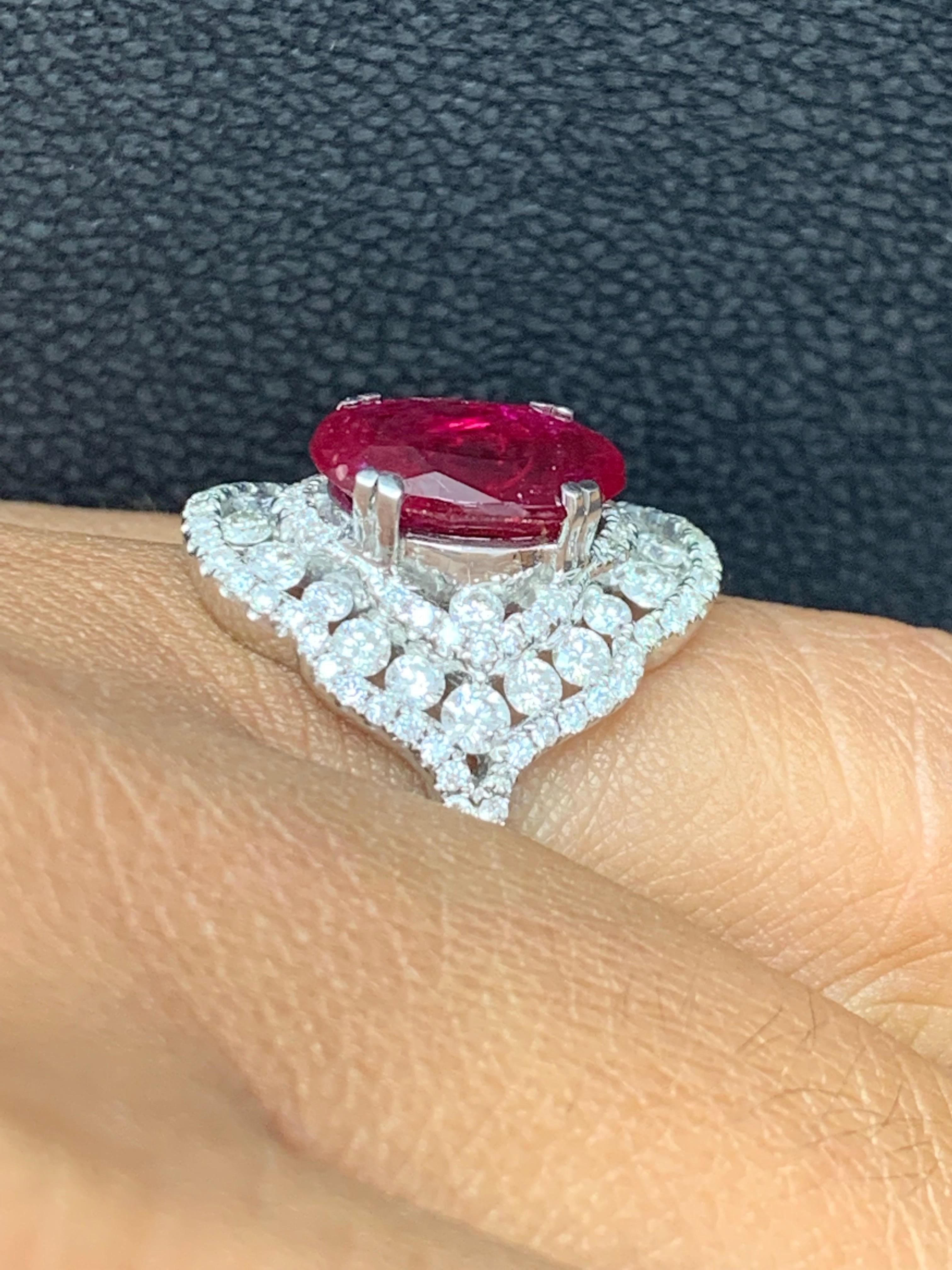 3.06 Carat Oval Ruby and Diamond Cocktail Ring in 18K White Gold For Sale 5