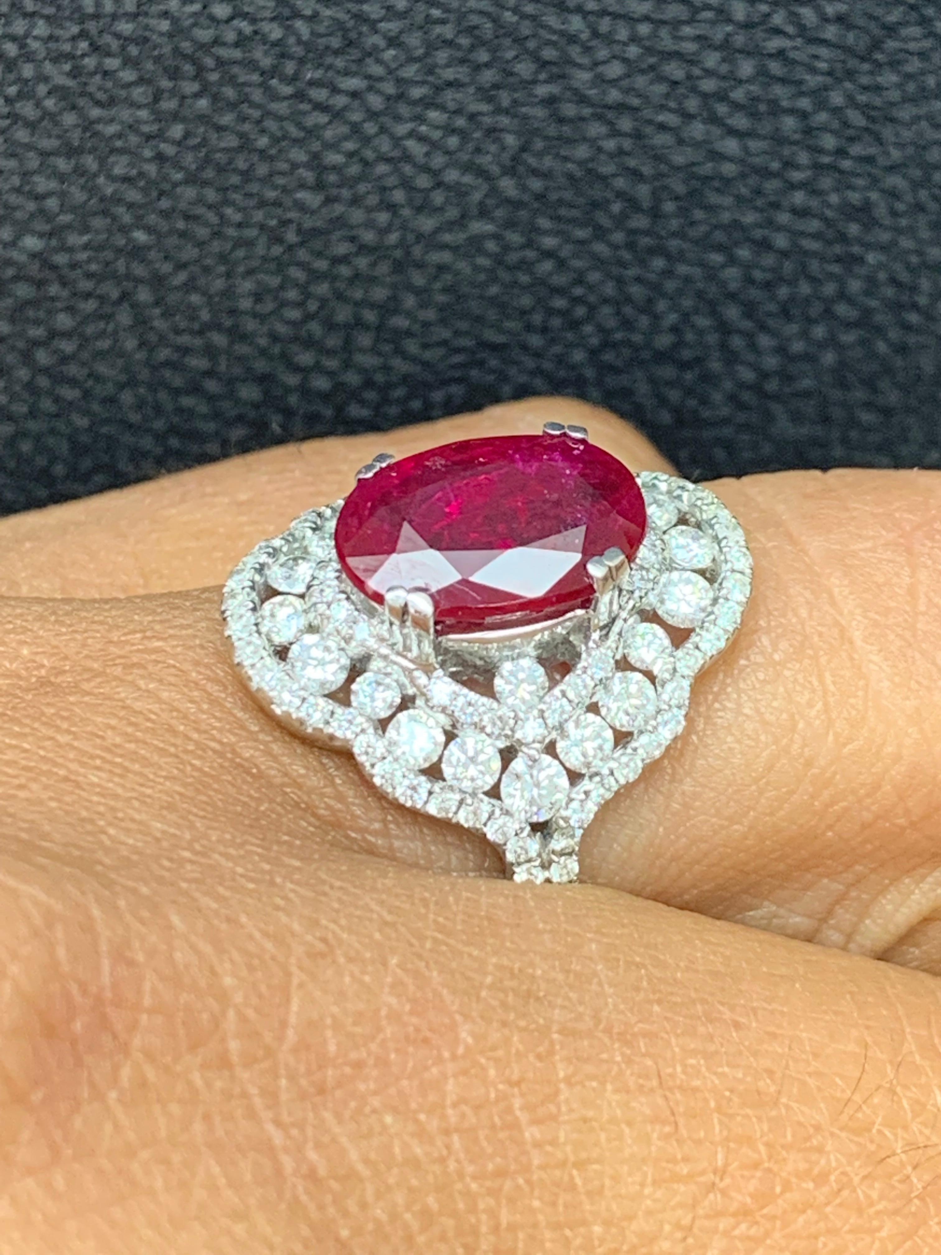 3.06 Carat Oval Ruby and Diamond Cocktail Ring in 18K White Gold For Sale 6