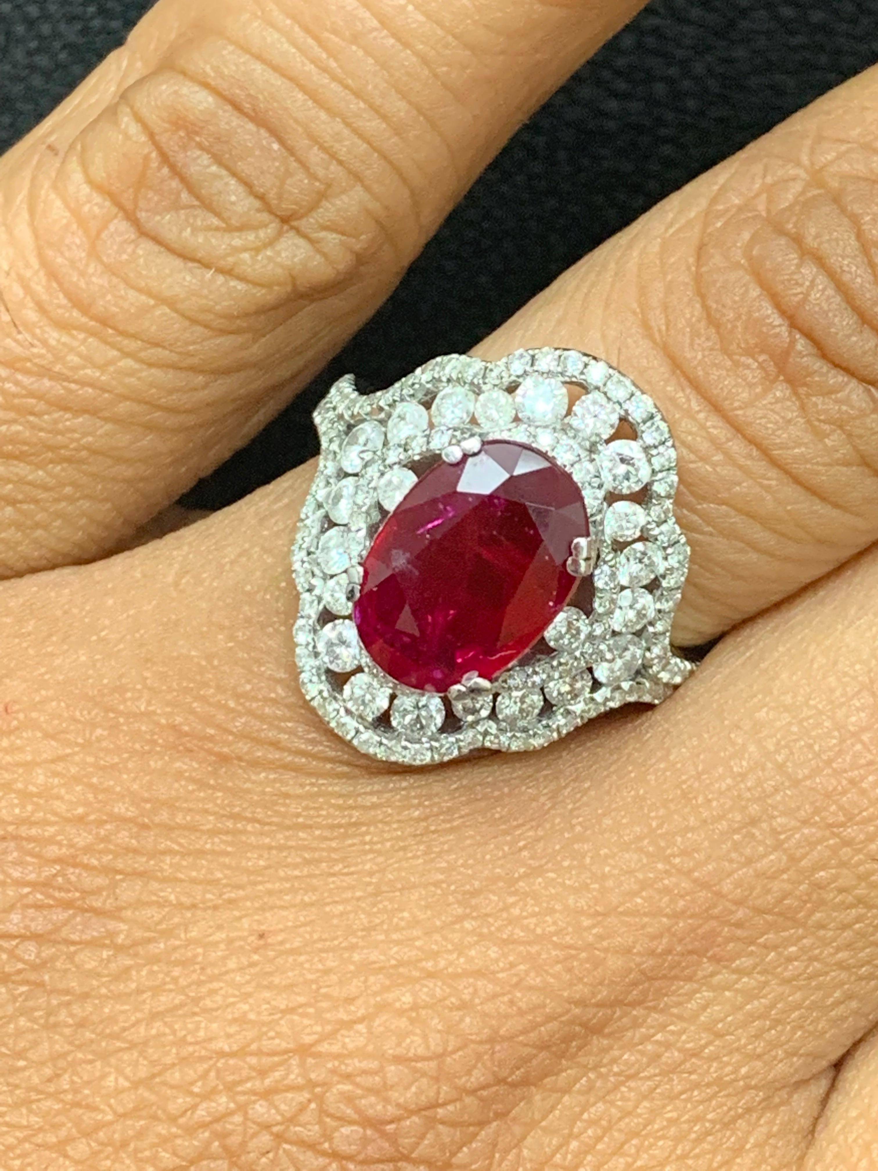3.06 Carat Oval Ruby and Diamond Cocktail Ring in 18K White Gold For Sale 7