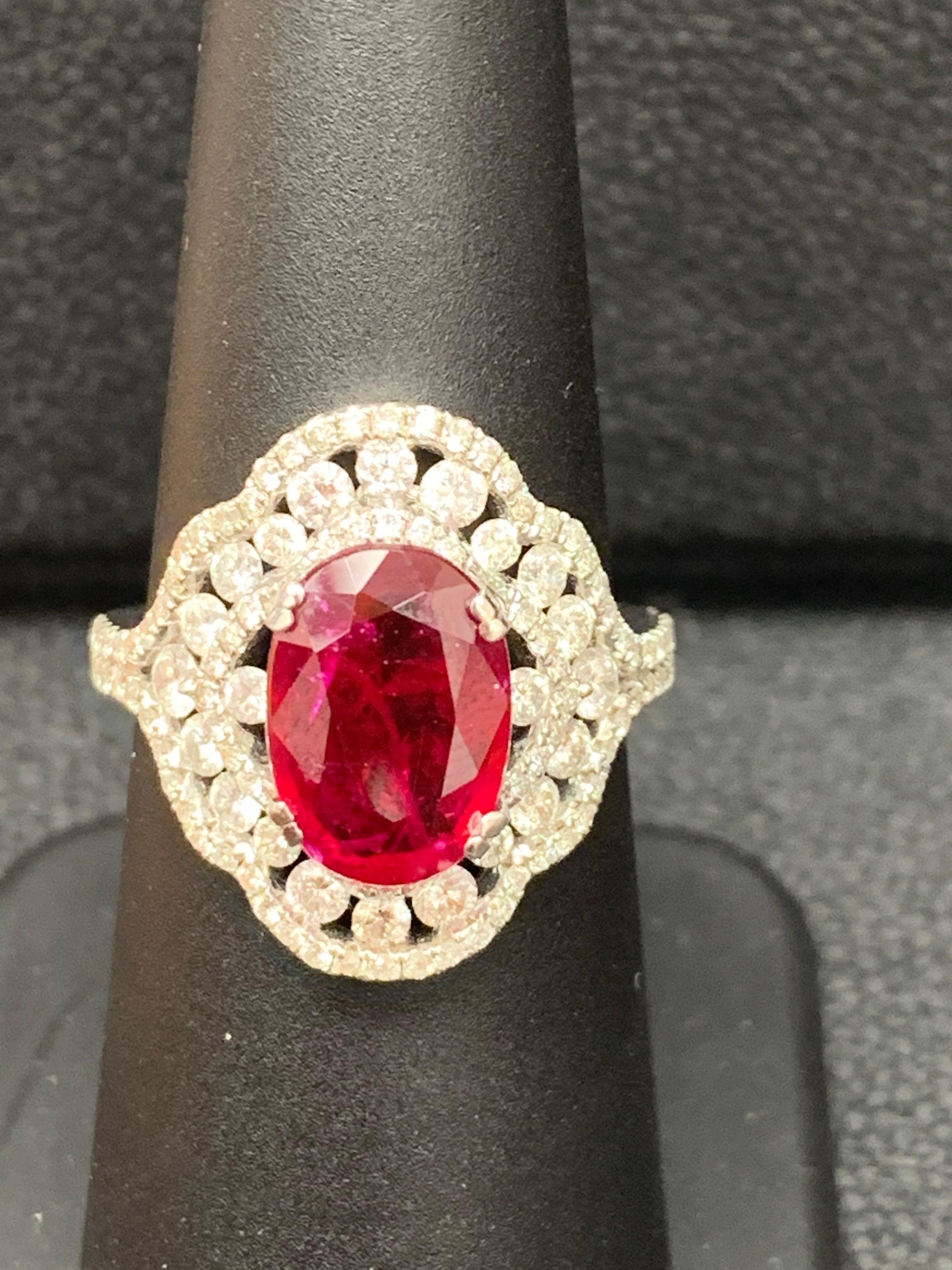 3.06 Carat Oval Ruby and Diamond Cocktail Ring in 18K White Gold For Sale 8
