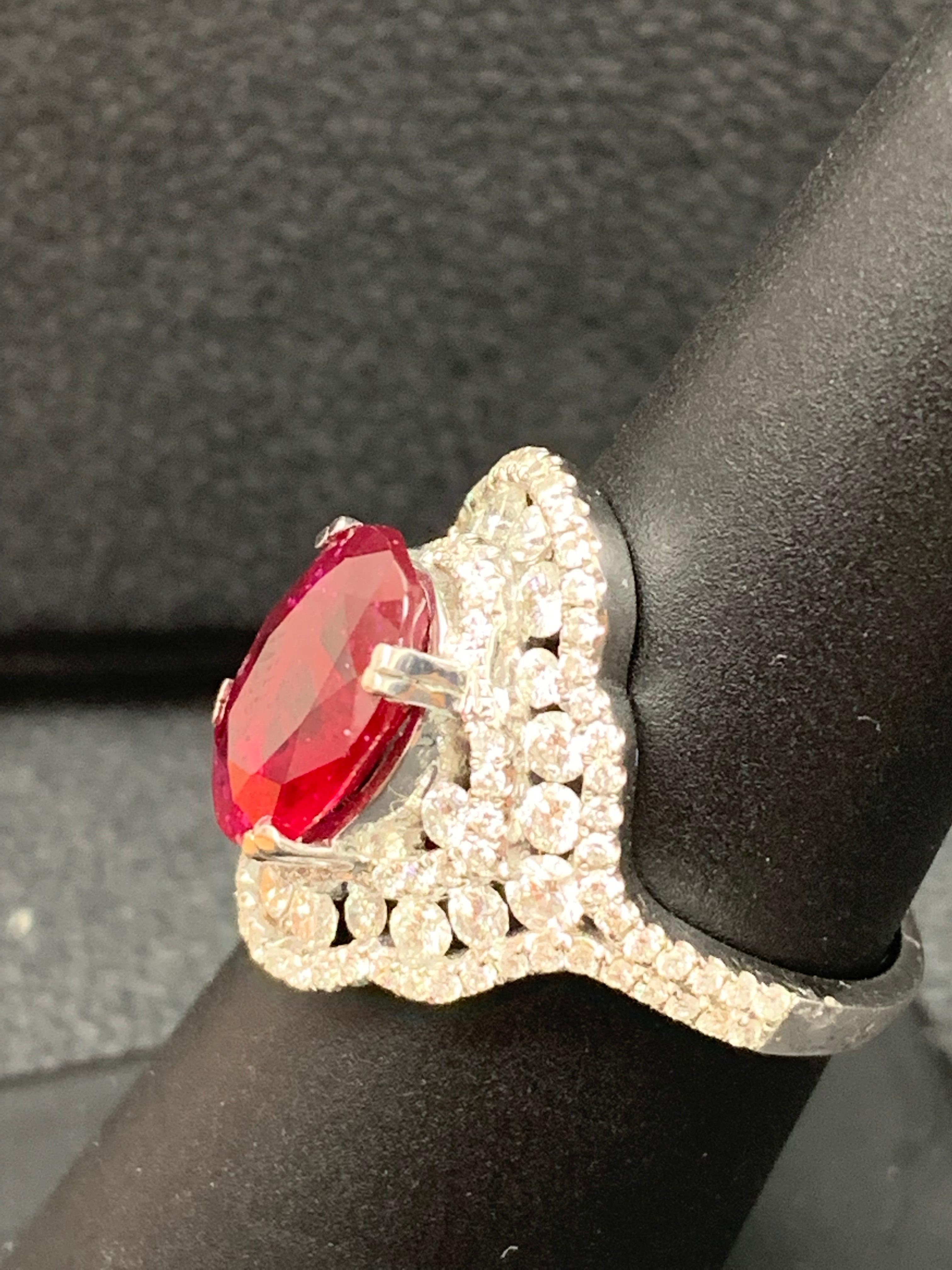 3.06 Carat Oval Ruby and Diamond Cocktail Ring in 18K White Gold For Sale 9