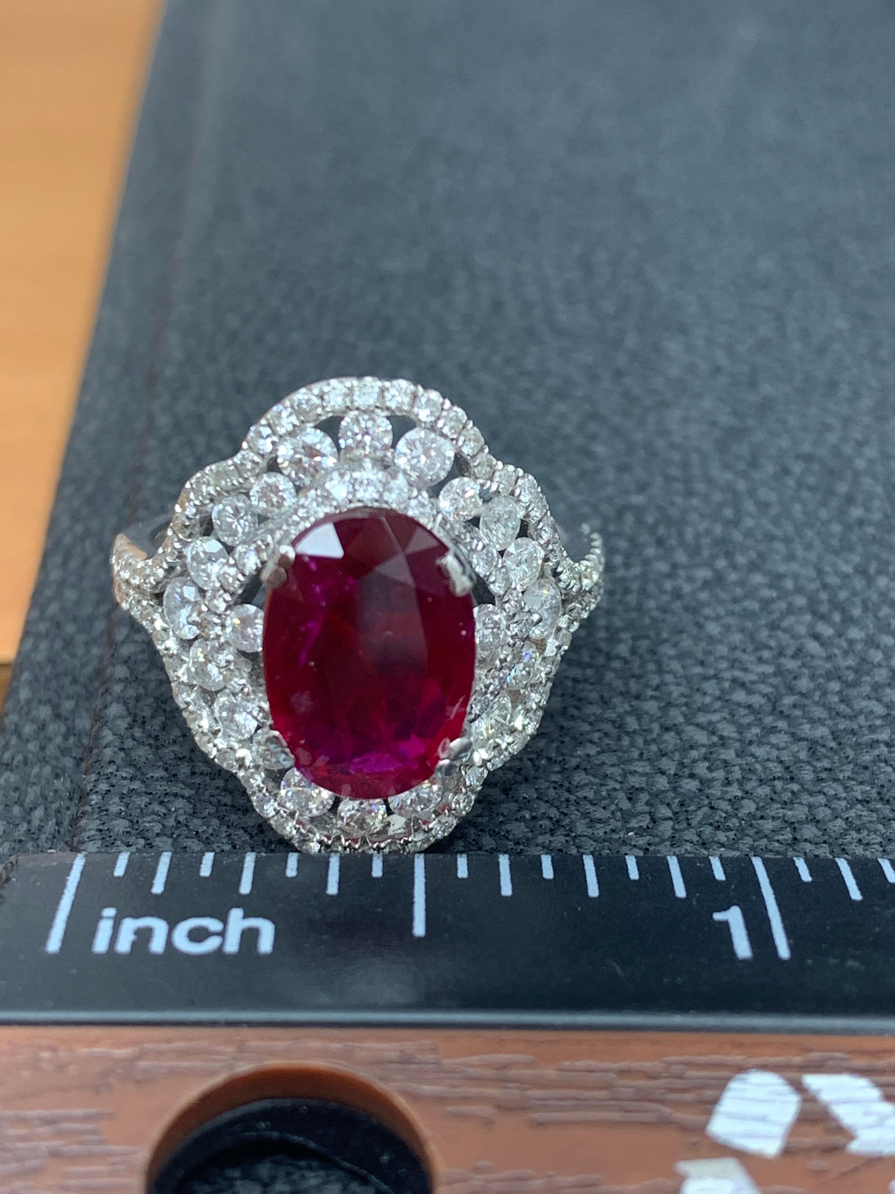 Modern 3.06 Carat Oval Ruby and Diamond Cocktail Ring in 18K White Gold For Sale