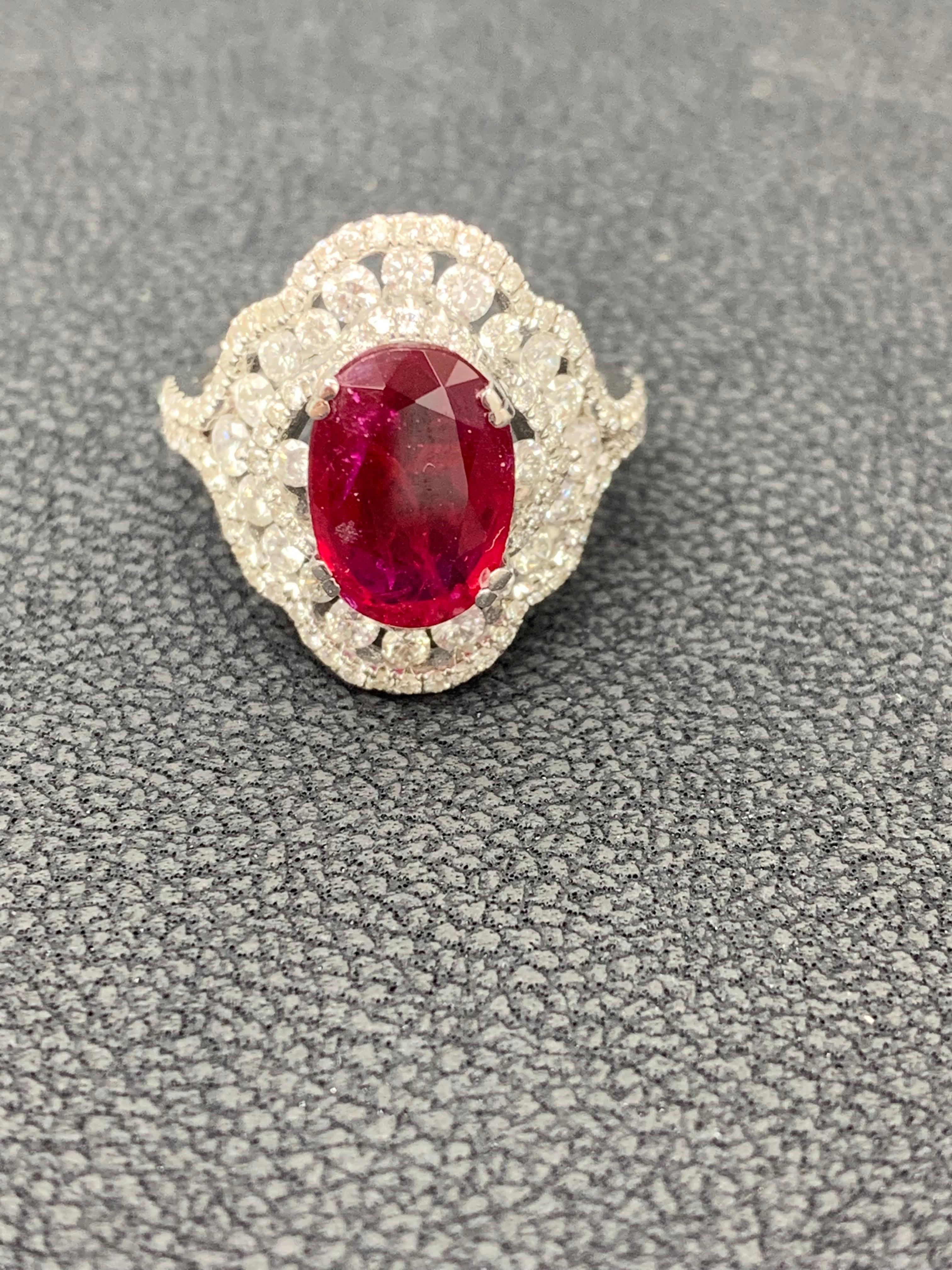 Oval Cut 3.06 Carat Oval Ruby and Diamond Cocktail Ring in 18K White Gold For Sale