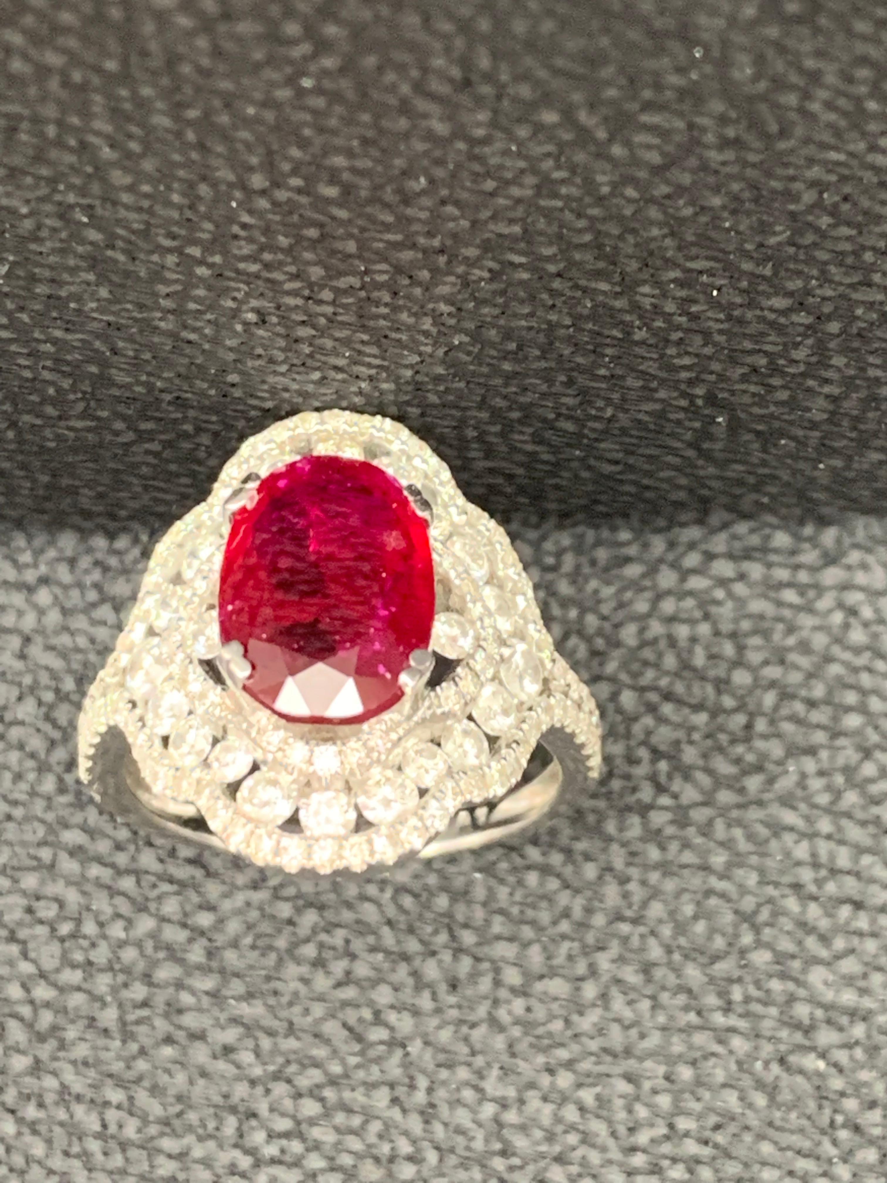 3.06 Carat Oval Ruby and Diamond Cocktail Ring in 18K White Gold For Sale 1