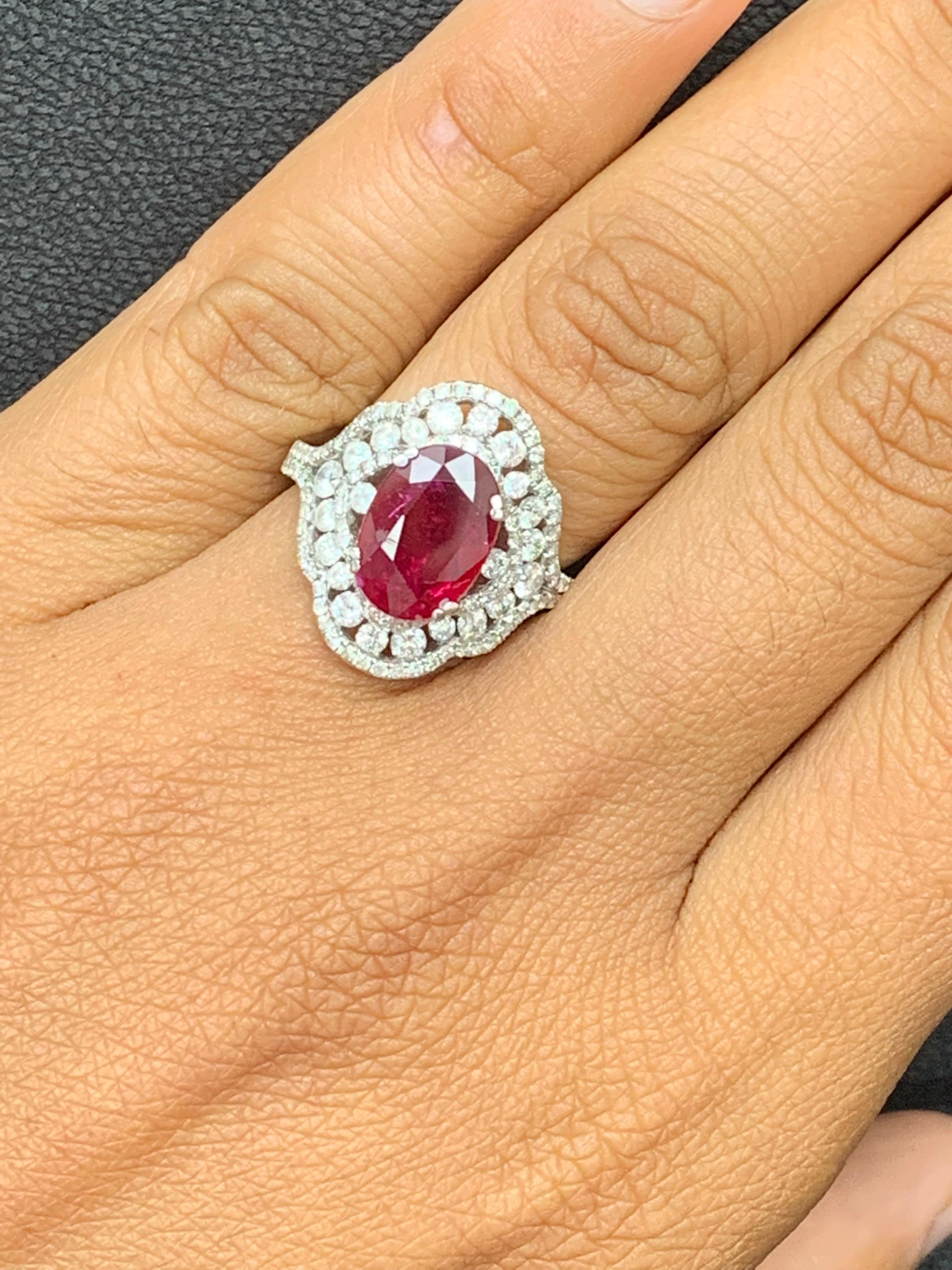 3.06 Carat Oval Ruby and Diamond Cocktail Ring in 18K White Gold For Sale 2