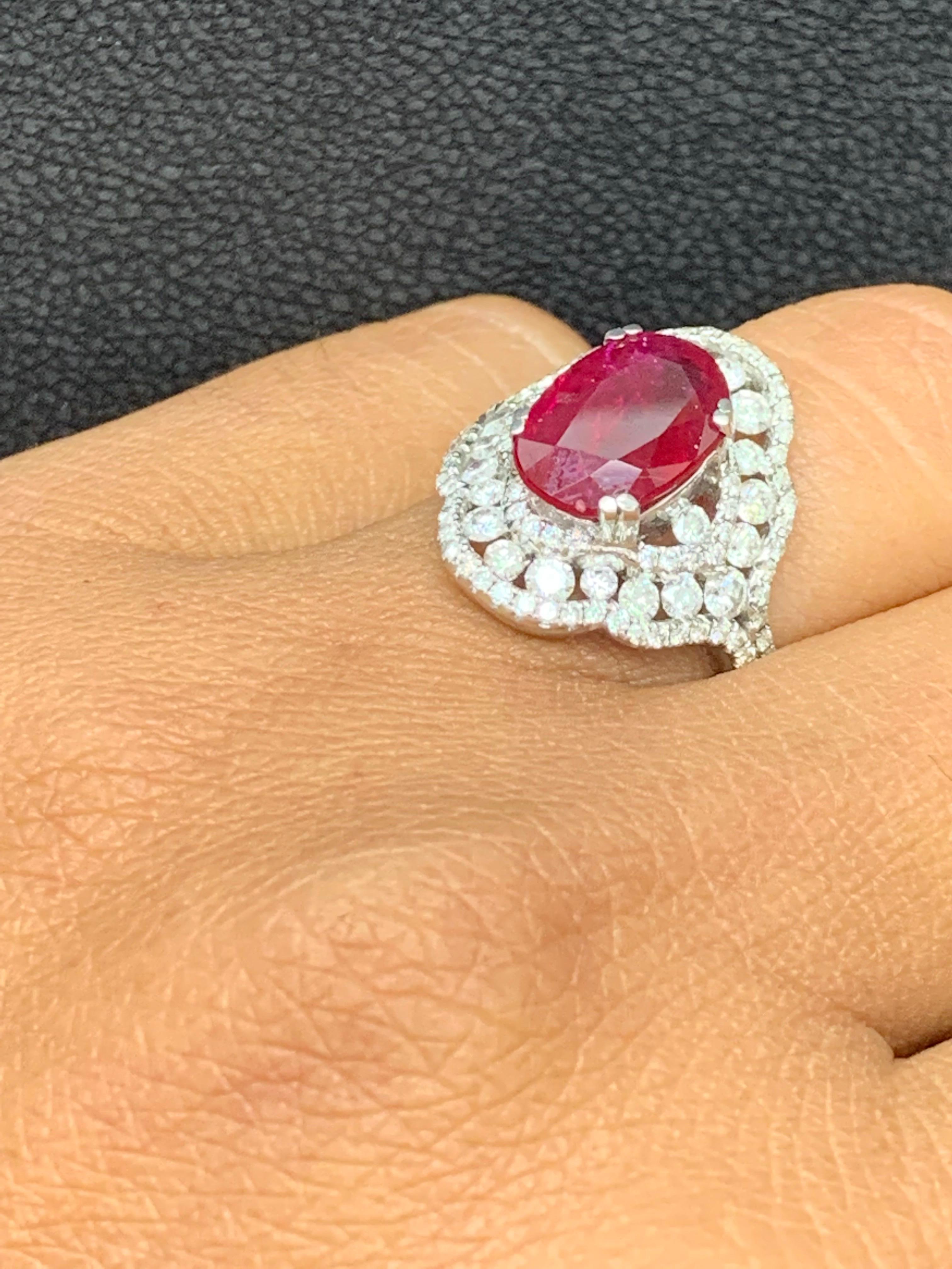 3.06 Carat Oval Ruby and Diamond Cocktail Ring in 18K White Gold For Sale 3
