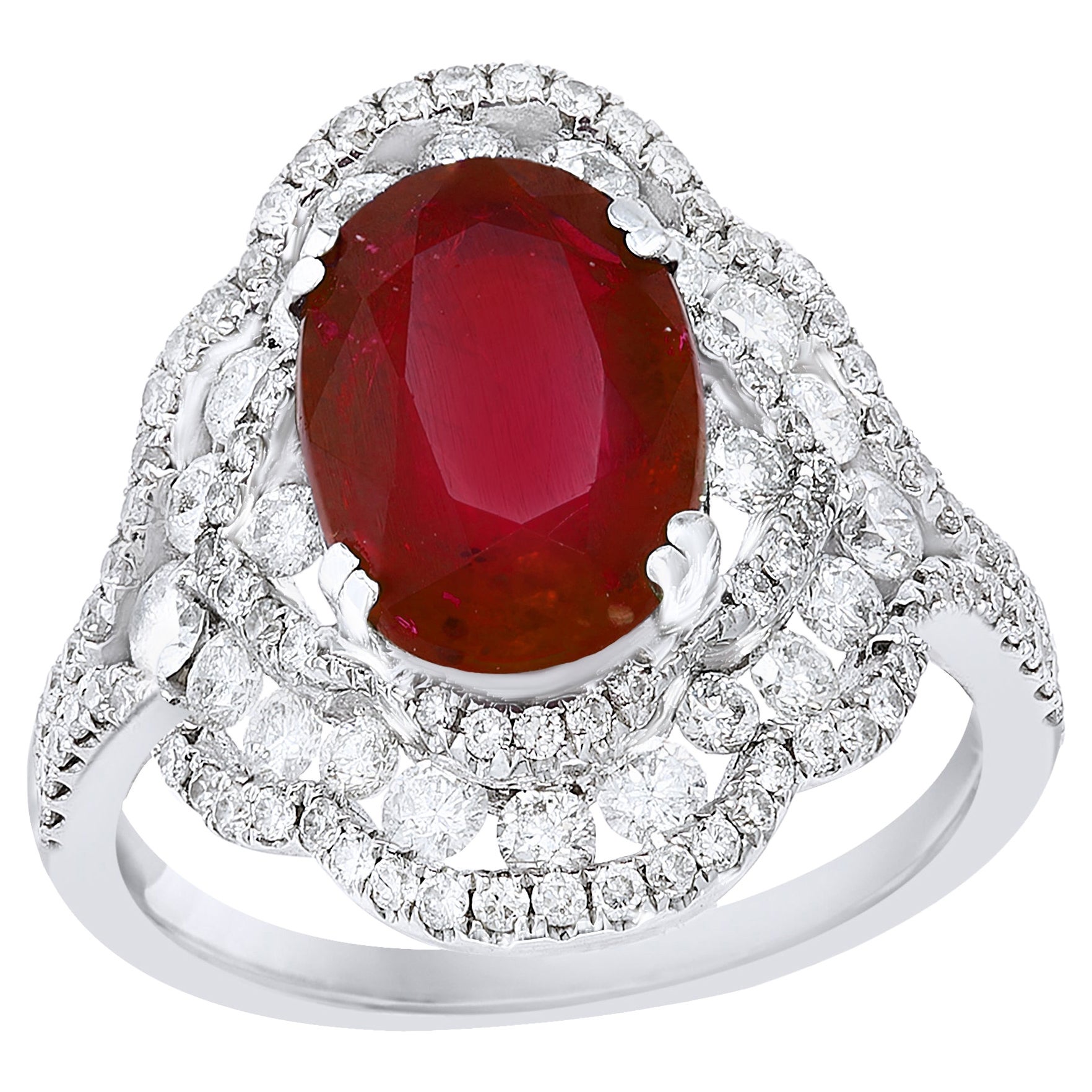 3.06 Carat Oval Ruby and Diamond Cocktail Ring in 18K White Gold For Sale