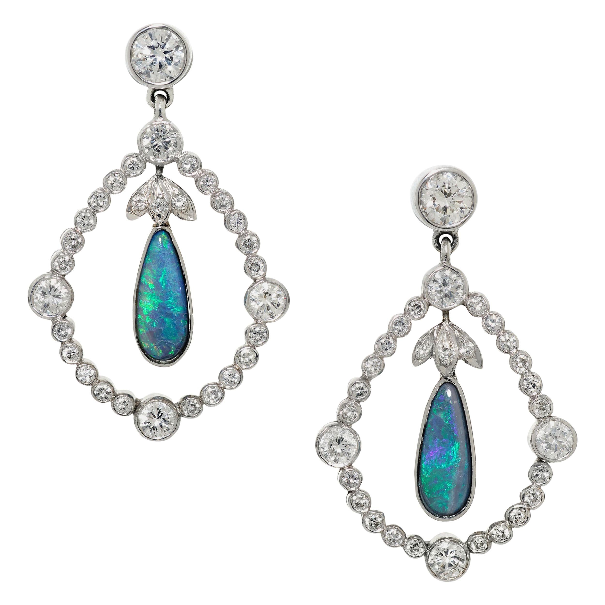 3.06 Carat Pear-Shaped Black Opals and Diamond Earrings in Platinum For Sale