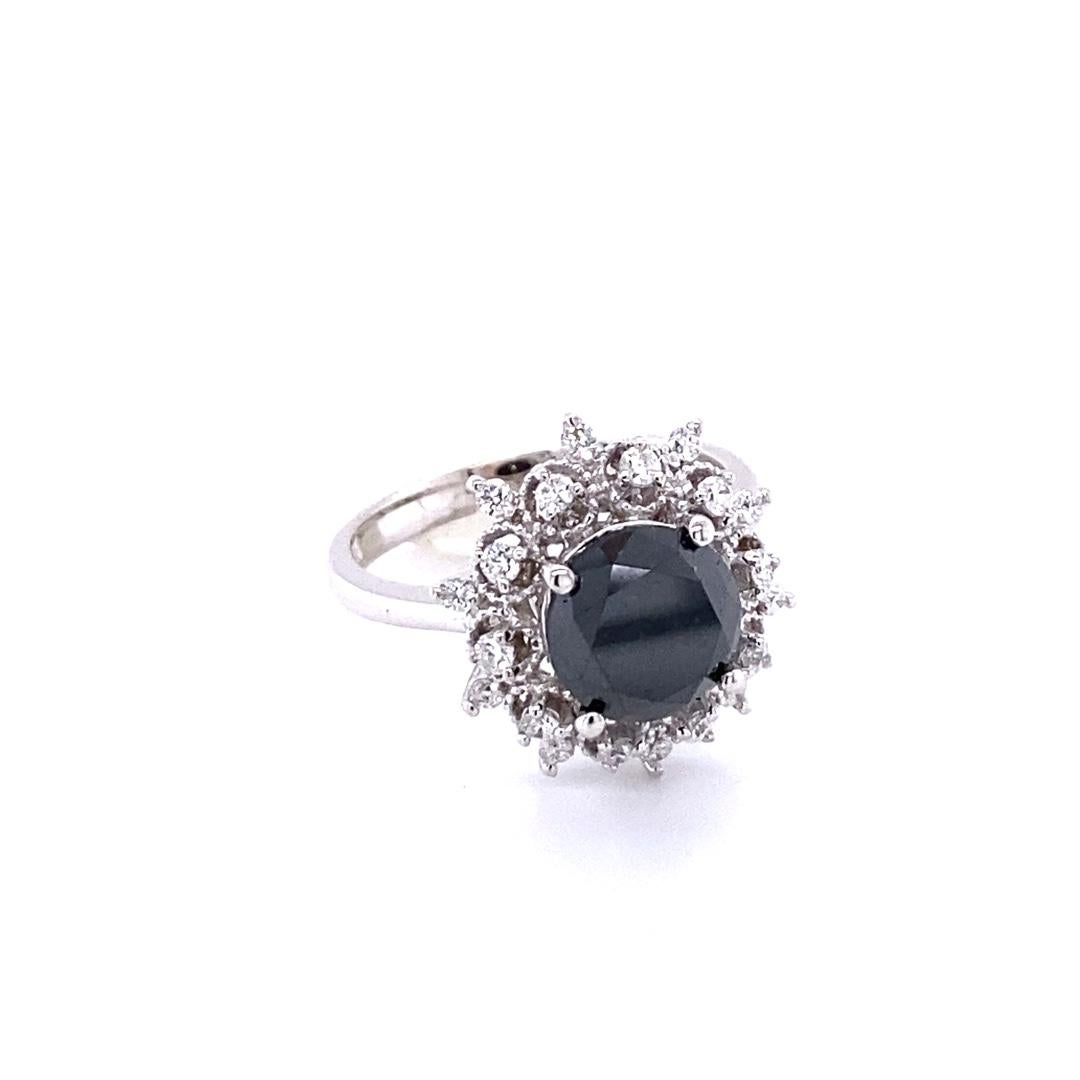 Women's 3.06 Carat Round Cut Black Diamond White Gold Cocktail Ring For Sale